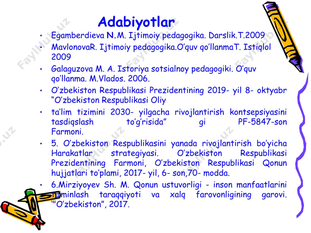 uzviy bog`langan. barcha ijtimoiy fanlar inson xulq-atvorining turli tomolarini o`rganadi. ijtimoiy pedagogika ijtimoiy psixologiya, sotsiologiya, antropoligiya, tarix, iqtisod, siyosatshunoslik fanlari bilan hamkorlikda boyib va rivojlanib boradi. sotsiologiya insonning ijtimoiy turmushini, guruh va jamiyatni o`rganadi. ijtimoiy mavjudot bo`lgan odamlarning xulq-atvori uning predmetidir. antropologiya-odamning kelib chiqishi va evolyutsiyasi, odamzot irqlarining paydo bo`lishi, odamning tana tuzilishidagi farq-tafovut, o`zgaruvchanlik haqidagi fan. siyosatshunoslik jamiyatning siyosiy hayoti va siyosiy munosabatlarida ro`y beradigan voqea-hodisalar, o`zgarishlarni ilmiy-nazariy jihatdan asoslab beradi. uning siyosiy fan sifatidagi roli va ahamiyati uning siyosiy mohiyatga ega bo`lgan voqea-hodisalarni alohida olingan bir mamalkat doirasida emas, balki jahonning turli mamlakatlarida siyosiy muammolarni hal qilishida erishilgan natijalar bilan belgilanadi. fanning predmeti, ob’ekti, maqsadi va vazifalari. ijtimoiy pedagogika - odamlarning jamiyatda hamkorlikdagi ish faoliyatlari jarayoni davomida ularda hosil bo`ladigan fikrlar, e'tiqodlar, g`oyalar, qarashlar, his-tuyg`ular, turli xulq-atvor shakllarini tushuntirib beruvchi fandir. har bir shaxsning jamiyatda yashashi, uning ijtimoiy normalarga rioya qilgan holda o`ziga o`xshash shaxslar bilan o`rnatadigan murakkab …