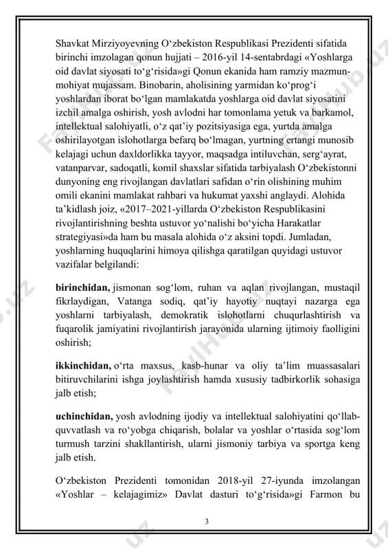 ganligini ko‘rish mumkin. bundan tashqari shavkat mirziyoyev tomonidan ijtomoiy, ma’naviy-ma’rifiy sohalardagi sa’y-harakatlarni tizimli asosda yo‘lga qo‘yish bo‘yicha 5 ta muhim tasabbusning ilgari surilishi o‘zbekiston tarixida yoshlar ta’lim-tarbiyasi bo‘yicha yana bir yangi bosqichni boshlab berdi. birinchi tashabbus – yoshlarning musiqa, rassomlik, adabiyot, teatr va san’atning boshqa turlariga qiziqishlarini oshirishga, iste’dodini yuzaga chiqarishga xizmat qiladi. ikkinchi tashabbus – yoshlarni jismoniy chiniqtirish, ularning sport sohasida qobiliyatini namoyon qilishlari uchun zarur sharoitlar yaratishga yo‘naltirilgan. uchinchi tashabbus – aholi va ва yoshlar o‘rtasida kompyuter texnologiyalari va internetdan samarali foydalanishni tashkil etishga qaratilgan. to‘rtinchi tashabbus – yoshlar ma’naviyatini yuksaltirish, ular o‘rtasida kitobxonlikni keng targ‘ib qilish bo‘yicha tizimli ishlarni tashkil etishga yo‘naltirilgan. beshinchi tashabbus – xotin-qizlarni ish bilan ta‘minlash masalalarini nazarda tutadi. umuman, yoshlarning ta’lim olishi, kasb-hunar egallashi, yetuk insonlar bo‘lib ulg‘ayishi yo‘lida zamonaviy, ilg‘or-innovatsion shart-sharoitlarni yaratib berish uchun o‘zbekiston bor kuch va imkoniyatlarini ishga solmoqda. chunki yosh avlodni har tomonlama qo‘llab-quvvatlash, ma’naviy yetuk, jismonan sog‘lom, vatanparvar …