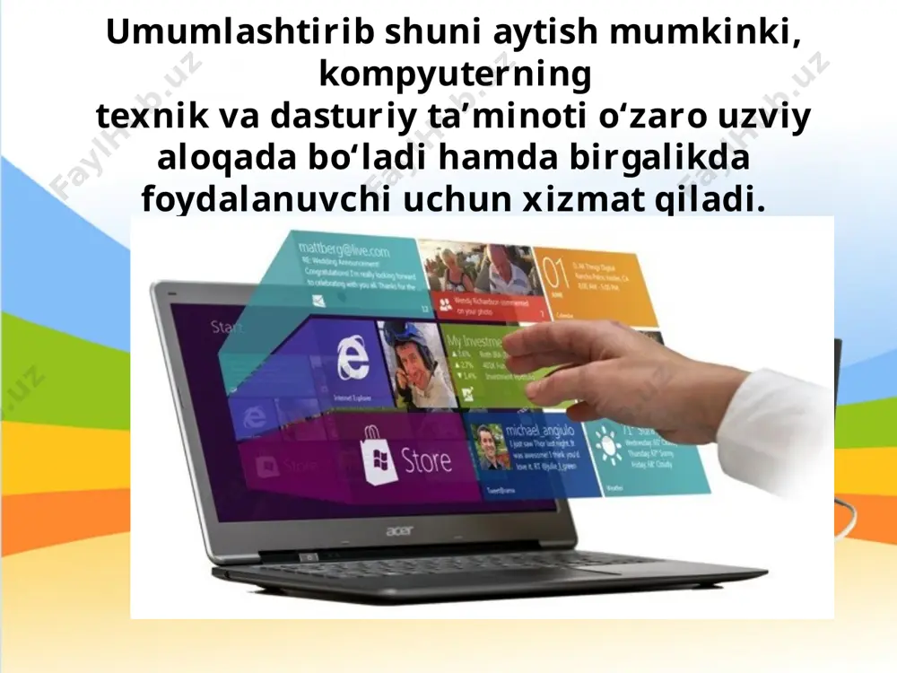 iladi. agar dastur bilan turli xil usullarda ishlash mumkin bo‘lsa, bunday dastur yumshoq interfeysga ega deyiladi. shunday dasturlar ham bo‘ladiki, ular bilan ishlashda ma’lum talab va ko‘rsatmalardan tashqariga chiqib bo‘lmaydi. bu holda dastur qattiq interfeysga ega deyiladi. dasturning ishlash muhiti (holati)ga qarab, dastur nografik (grafik bo‘lmagan yoki matnli – a rasm) yoki grafik (b rasm) interfeysga ega deyish mumkin. a rasm b rasm dastur matnli interfeysga ega deyilishi dastur bilan ishlashda faqat klaviaturadan foydalanilishi yoki ma’lumotlar ekranda faqat matn ko‘rinishida aks ettirilishi bilan bog‘liq. agar dastur ishlashi jarayonida ekranda grafik tasvirlar aks ettirilsa va uni sichqoncha yordamida boshqarish mumkin bo‘lsa, u holda bunday dasturlar grafik interfeysga ega deyiladi. savol va topshiriqlar 1. interfeys va uning turlari haqida so‘zlab bering. 2. interfeys protokoli deganda nimani tushunasiz? 3. foydalanuvchi interfeysi nima? misollar keltiring. 4. foydalanuvchi interfeysi xususiyatiga ko‘ra qanday bo‘lishi mumkin? 5. yumshoq va qattiq interfeyslarni misollar bilan yoriting. 6. nografik interfeys …