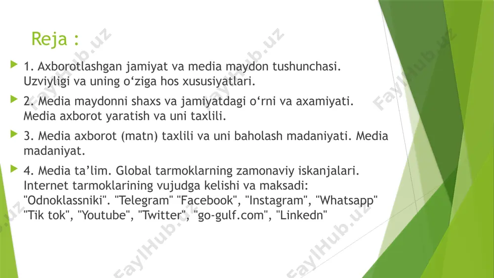 omonga o ‘ zgarishlarini tahlil eta olish va vizual xabarlar ostida beriladigan ko ‘ rinmas ma ’ lumotlarni “ o ‘ qi y o lish ”; · oav orqali beriladigan matn li kommunika ts iyalar mohiyatini tahlil e tish; · axborot qayerdan, kim tomonidan va nima maqsadlarda uzatilayapti, kimning manfaatlarini o‘zida aks e ttirayapti, degan savollarga javob topa olish uchun zarurdir media savodxonlik mediani o‘rganish bo‘lib, media ta’limning quyidagi natijalariga asoslanadi va o‘z oldiga: – medianing shaxs va jamiyatga ta’sirini tushunish; – ommaviy kommunika tsi ya jarayonini anglash; – media matnlarni tushunish va tahlil eta olish; – media kontekstini tushunish; – media matnlarni yaratish va ularni tahlil e tish; – media matnlarni baholashga va ularni saralash vazifalarini qo‘yadi. ayni paytda media ta’lim asoslarini har bir ta’lim muassasasiga o‘quv dasturiga kiritish, o‘quvchila yoshlarga maktablarda ta’lim jarayonida uning asoslarini interaktiv, turli o‘yinlar shaklida tushuntirish, o‘sib kelayotgan avlod tomonidan shiddatli axborot oqimida zarurini …