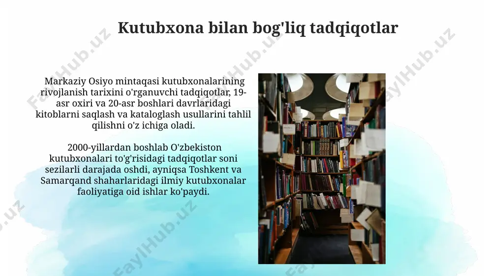 a'minoti" doirasida o'tkazilgan 7 ta treningda 100 dan ortiq kutubxonachilar axborot texnologiyalari bo'yicha malakalarini oshirdi. 2023-yil ma'lumotlariga ko'ra, “kutubxona axborot ta'minoti” loyihasi samarqand viloyatidagi 30 ta maktab kutubxonasiga 1500 dan ortiq elektron kitob va jurnal taqdim etdi. kutubxona kataloglashtirishning maqsadlari kutubxona fondining 5 yildan ortiq davr mobaynida to’plangan 3000 dan ziyod hujjatlarini izchil va mantiqiy tartibda joylashtirish, buxoro shahridagi kutubxonaning axborot qidiruv tizimini takomillashtirish uchun muhimdir. kataloglashtirish jarayoni, xalqaro standartlar (ifla, rda) ga muvofiq 20 dan ortiq ma’lumot maydonlarini to’ldirishni o’z ichiga oladi va toshkentdagi kutubxonalarda ma’lumotlar bazasini yaratishga xizmat qiladi. e'tiboringiz uchun rahmat @taqdimot_robot image2.jpg image3.jpg image4.jpg image5.jpg image6.jpg image7.jpg image8.jpg image9.jpg image10.jpg image11.jpg image12.jpg image13.jpg image14.jpg image15.jpg image1.png