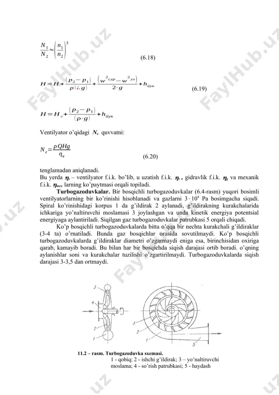 rak 2 aylanadi, g’ildirakning kurakchalarida ichkariga yo’naltiruvchi moslamasi 3 joylashgan va unda kinetik energiya potentsial energiyaga aylantiriladi. siqilgan gaz turbogazoduvkalar patrubkasi 5 orqali chiqadi. ko’p bosqichli turbogazoduvkalarda bitta o’qqa bir nechta kurakchali g’ildiraklar (3-4 ta) o’rnatiladi. bunda gaz bosqichlar orasida sovutilmaydi. ko’p bosqichli turbogazoduvkalarda g’ildiraklar diametri o’zgarmaydi eniga esa, birinchisidan oxiriga qarab, kamayib boradi. bu bilan har bir bosqichda siqish darajasi ortib boradi. o’qning aylanishlar soni va kurakchalar tuzilishi o’zgartirilmaydi. turbogazoduvkalarda siqish darajasi 3-3,5 dan ortmaydi. 11.2 – rasm. turbogazoduvka sxemasi. 1 - qobiq; 2 - ishchi g’ildirak; 3 – yo’naltiruvchi moslama; 4 - so’rish patrubkasi; 5 - haydash патрубкаси. turbokompressorlar tuzilishi bo’yicha xuddi turbogazoduvka konstruktsiyasi kabi, faqat ular yuqori siqish darajasini ta’minlaydi. undan tashqari, ularda g’ildiraklar soni ancha ko’p bo’ladi. o’ildiraklar diametri va eni birinchi g’ildirakka nisbatan asta-sekin kamayib boradi. ko’p hollarda turbokompressor g’ildiraklari sektsiyalanib, 2 yoki 3 korpusga joylashtiriladi. har bir qobiqda g’ildiraklar diametri turlicha bo’lsa, lekin qobiq …