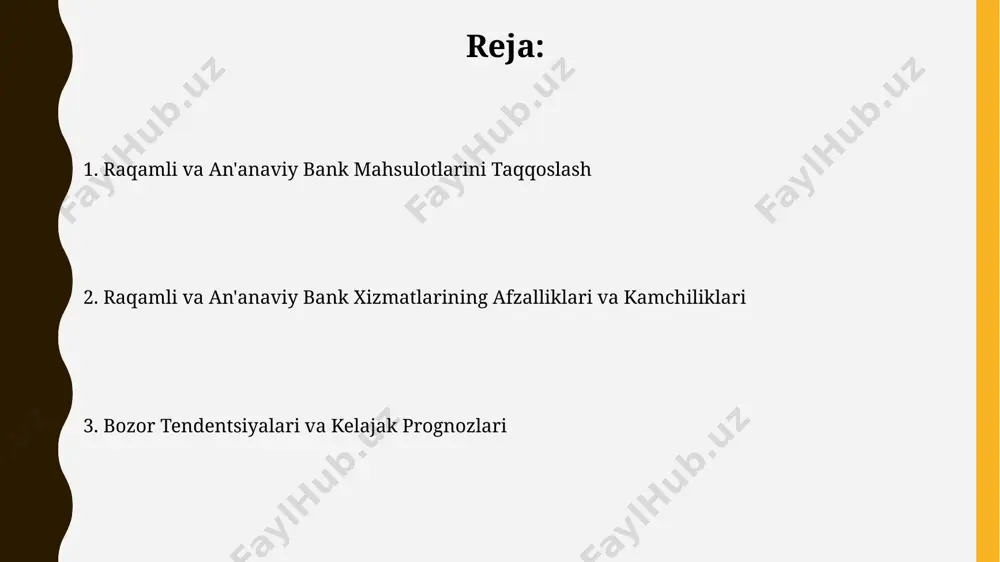 hamkorliklarining o'sishini ko'rsatadi. blokcheyn texnologiyasi va kriptovalyutalarning rivojlanishi tufayli, 2030-yilga kelib, chegaralarsiz va tezkor xalqaro to'lovlar tizimlarining 10% dan ortiq bozor ulushini egallashi kutilmoqda. raqamli bank mahsulotlari o'rtacha hisobda, raqamli bank mahsulotlaridan foydalanish an'anaviy bank xizmatlariga qaraganda 30% ga kam xarajat talab qiladi, bu esa operatsion xarajatlarning pasayishi bilan bog'liq. raqamli bank mahsulotlari mijozlarga 24/7 qulaylikni taqdim etadi, bu esa an'anaviy banklarning cheklangan ish vaqti bilan taqqoslaganda sezilarli afzallik hisoblanadi. xulosa raqamli banklar operatsiyalarni bajarish uchun an'anaviy banklarga nisbatan ancha kam xarajat qiladi, bu esa 30% gacha pastroq to'lovlarni ta'minlaydi. an'anaviy banklarning filiallar tarmog'i kengroq bo'lsa-da, raqamli banklarning mobil ilovalari orqali 10 millionlab foydalanuvchilarga xizmat ko'rsatishi mumkin. xavfsizlik va maxfiylik an'anaviy banklarda mijoz ma'lumotlarining jismoniy o'g'irlanish xavfi mavjud bo'lsa, raqamli banklarda shifrlash va xavfsizlik devorlari yordamida ma'lumotlarning maxfiyligini ta'minlash darajasi 99,9% ga etadi. raqamli banklarning mobil ilovalari orqali amalga oshiriladigan operatsiyalar, ssl/tls protokoli va boshqa xavfsizlik standartlari bilan himoyalangan bo'lib, …