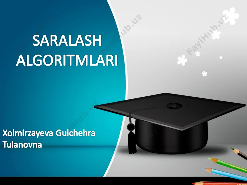 chalarga bo’lib, har bir muammochalarni hal etish orqali katta muammoni hal qilmoqlik metodi hisoblanadi. n o’lchamdagi muammo kichik muammo “1 o’lchami n/2 kichik muammo “2” o’lchami n/2 kichik muammo “1” ning yechimi kichik muammo “2” ning yechimi asl muammoning yechimi 34 25 20 5 44 12 9 34 25 20 5 44 12 9 34 25 20 5 9 44 12 34 25 20 5 44 12 9 25 34 5 20 12 44 9 5 20 25 34 9 12 44 5 9 12 20 25 34 44