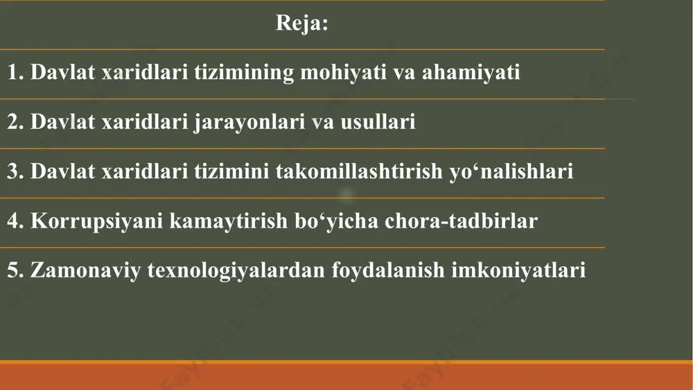 ish va uning ijrosini nazorat qilish kabi bosqichlarni o‘z ichiga oladi. davlat xaridlari usullari esa tender savdolari, tanlovlar, to‘g‘ridan-to‘g‘ri shartnomalar va elektron auksionlarni o‘z ichiga oladi. tenderlar davlat ehtiyojlarini qondirish uchun eng maqbul taklifni aniqlash imkonini beradi, tanlovlar esa eng sifatli yoki innovatsion yechimlarni topishga xizmat qiladi. to‘g‘ridan-to‘g‘ri shartnomalar kam xarajatli yoki tezkorlikni talab qiluvchi xaridlar uchun qo‘llanadi. elektron xaridlar tizimi esa jarayonlarni avtomatlashtirib, shaffoflikni oshiradi va korrupsion xavflarni kamaytiradi. davlat xaridlari tizimini takomillashtirish shaffoflikni oshirish, korrupsiyani kamaytirish va iqtisodiy samaradorlikni ta’minlashga qaratilgan. elektron xaridlar tizimini kengaytirish orqali xarid jarayonlarini avtomatlashtirish va barcha ishtirokchilar uchun teng imkoniyat yaratish muhim ahamiyatga ega. normativ-huquqiy bazani takomillashtirish orqali xarid jarayonlarini tartibga solish va nazoratni kuchaytirish talab etiladi. xarid jarayonlarida zamonaviy texnologiyalarni, jumladan, sun’iy intellekt va katta ma’lumotlar tahlilini joriy qilish orqali qarorlar qabul qilish samaradorligini oshirish mumkin. mahalliy ishlab chiqaruvchilarni qo‘llab-quvvatlash va ularga imtiyozlar yaratish mintaqaviy rivojlanishga hissa qo‘shadi. davlat xaridlari ishtirokchilari uchun …