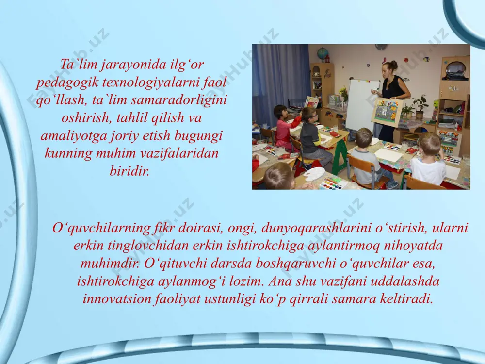 ol metodlar o‘qish motivini rivojlantirishga katta yordam beradi. boshlang‘ich sinflarda ko‘proq bolalarning yoshini, bilim saviyasini hisobga olish lozimligini unutmaslik kerak. ularga oddiy, oson va vaqt kam sarflanadigan o‘yin mashqlardan foydalanib, darslar o‘tish yaxshi samara beradi. ko‘proq atrof-muhit bilan bog‘lab o‘tilgan mashg‘ulotlar bolalar ongini, dunyoqarashini, erkin fikrlash, bayon etish qobiliyatini, mustaqil ishlash ko‘nikmasini rivojlantiradi. innovatsion texnologiyalardan dars jarayonida foydalanishning o‘ziga xosligi shundaki, ular o‘qituvchi va o‘quvchilarning birgalikdagi faoliyati orqali amalga oshiriladi. o‘qitish jarayoni o‘qituvchi hamda o‘quvchilar faoliyatini o‘z ichiga oladi. o‘qituvchining faoliyati o‘quv materialini bayon qilish, o‘quvchilarning fanga bo‘lgan qiziqishini orttirish, fikrini teranlashtirish va e`tiqodini shakllantirish, o‘quvchilarning mustaqil mashg‘ulotlariga rahbarlik qilish, ularning bilim, ko‘nikma va malakalarini tekshirish hamda baholashdan iborat. o‘z ishiga ixlos bilan qaragan o‘qituvchida chinakkam ehtiros bo‘ladi. darsning oldindan loyihasi, ya`ni texnologik xaritasi tuziladi. texnologik xarita tuzish uchun o‘qituvchi darsning har bir bosqichida amalga oshiriladigan ishlar, ularda o‘qituvchining pedagogik va o‘quvchilarning o‘quv bilish faoliyatini tashkil etish, boshqarish va faollashtirish …