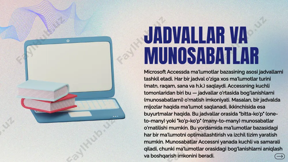 report): mavjud hisobotni tahrirlash. hisobotni ko'rish (view report): hisobotdagi ma'lumotlarni ko'rish. dizayn (design) "dizayn" menyusi dasturda mavjud bo'lgan barcha obyektlar uchun dizayn qilish va o'zgarishlar kiritish imkoniyatini taqdim etadi. bu menyu yordamida foydalanuvchi jadval, shakl, so'rov, va hisobotlarning dizaynini o'zgartirishi mumkin. asosiy bo'limlar: maydon dizayni (field design): maydonlarning turlarini o'zgartirish va ularni moslashtirish. formalar dizayni (form design): formaning dizaynini o'zgartirish. so'rov dizayni (query design): so'rovlarning dizaynini o'zgartirish. ma'lumotlar (data) "ma'lumotlar" menyusi ma'lumotlar bazasining umumiy boshqaruvi va saqlash bilan bog'liq imkoniyatlarni taqdim etadi. bu menyu yordamida ma'lumotlarni import qilish, eksport qilish yoki bog'lanishlarni yaratish mumkin. asosiy bo'limlar: import qilish (import): boshqa manbalardan ma'lumotlarni import qilish (masalan, excel, csv. eksport qilish (export): ma'lumotlarni boshqa formatlarga eksport qilish. ma'lumotlar bog'lash (link data): tashqi manbalardagi ma'lumotlar bilan bog'lanish. asboblar (tools) "asboblar" menyusi yordamida foydalanuvchilar accessning umumiy sozlamalarini o'zgartirishi mumkin. bu yerda ma'lumotlar bazasini optimallashtirish va boshqa qo'shimcha funksiyalarni boshqarish imkoniyati mavjud. asosiy bo'limlar: variantlar …