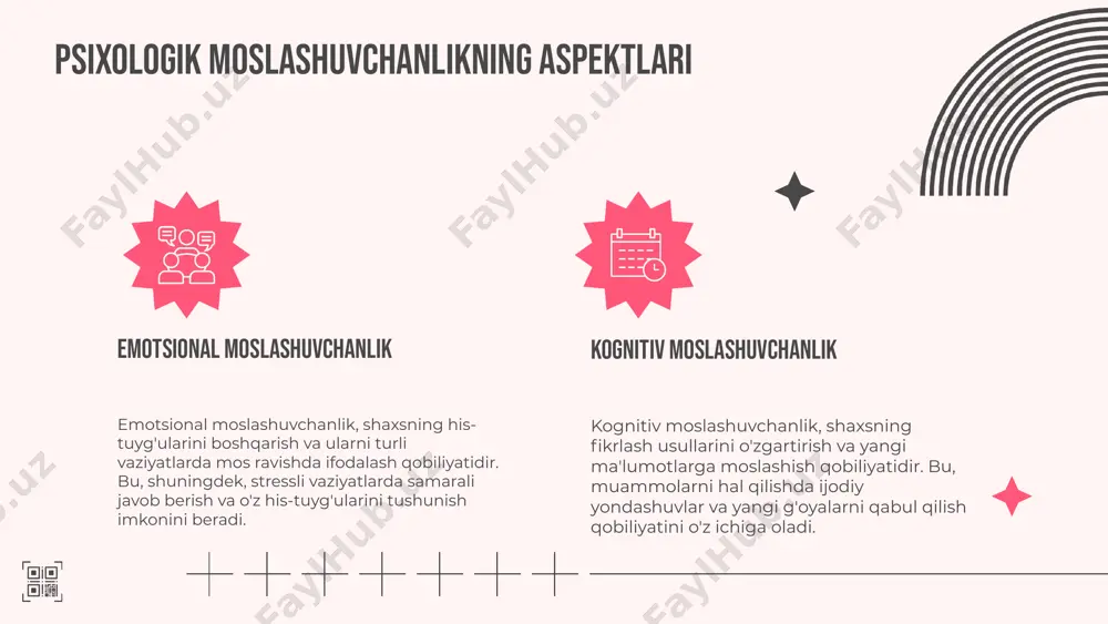 ularni takomillashtirish. psixologik moslashuvchanlikning ijtimoiy ahamiyati psixologik moslashuvchanlik, insonning o'zgaruvchan sharoitlarga moslashish va ularga samarali javob berish qobiliyatidir. bu qobiliyat ijtimoiy munosabatlar va hayotdagi muvaffaqiyatlar uchun muhim hisoblanadi. ijtimoiy ahamiyatini belgilovchi omillar: - o'zaro munosabatlarni mustahkamlash - stressga qarshi kurashish qobiliyati - ijtimoiy integratsiya - keng qamrovli fikrlash - ijtimoiy innovatsiyalarni qo'llab-quvvatlash. moslashuvchanlik ijtimoiy rivojlanish uchun muhimdir, chunki bu sharoitlar va muammolarga javob berish qobiliyati ijtimoiy dinamikani shakllantiradi. photo by element5 digital on unsplash ijtimoiy munosabatlar va moslashuvchanlik ijtimoiy munosabatlar ijtimoiy munosabatlar inson hayotida muhim rol o'ynaydi, chunki ular shaxsning rivojlanishiga va psixologik holatiga ta'sir ko'rsatadi. ushbu aloqalar odamlarni birlashtiradi, qo'llab-quvvatlaydi va o'zaro muloqot orqali hissiy va ruhiy barqarorlikni ta'minlaydi. ijtimoiy munosabatlardagi ijobiy tajribalar moslashuvchanlikni oshirishga yordam beradi, bu esa stressli vaziyatlarga qarshi kurashda qo'llaniladi. moslashuvchanlikni kuchaytiruvchi omillar - o'z-o'zini anglash va o'z ustida ishlash - ijobiy fikrlash va muammolarni hal qilish qobiliyati - o'zaro munosabatlarda ochiqlik va samimiyat - …
