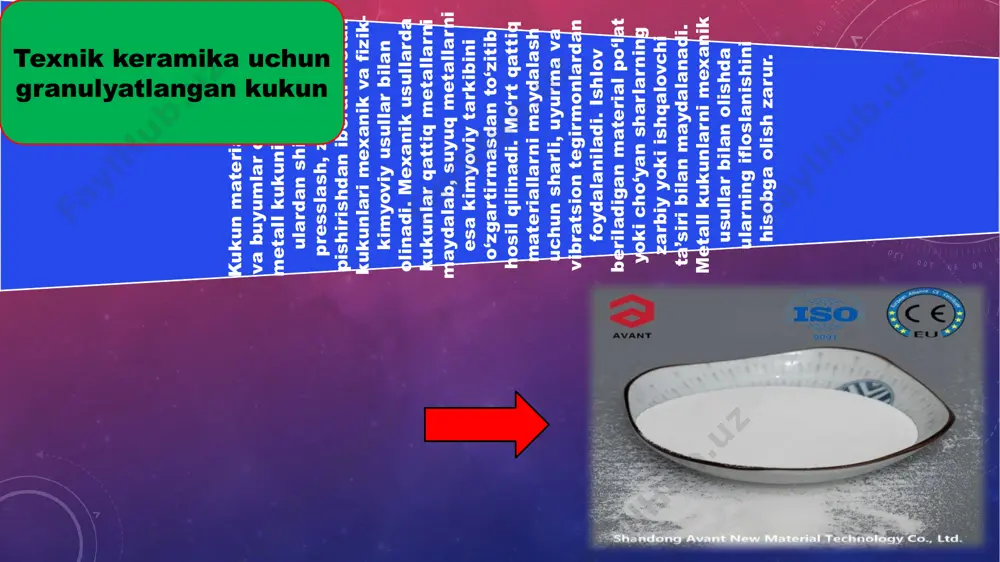 usullari qiyin suyuqlanuvchi (suyuqlanish temperaturasi yuqori) volfram, molibden, tantal, titan, niobiy va boshqa olishga ham imkon beradi. buning uchun shu metallarning oksidlari vodorod oqimida qaytarilib, kukun holidagi toza metallar olinadi va presslanib, briket qilinadi, ular maʼlum temperaturagacha qizdirilib qovushtiriladi. qovushtirilgan metall ikki elektrod orasiga oʻrnatilib, elektr toki bilan qizdiriladi, bolgʻalanadi yoki prokatlanadi. fizik-kimyoviy usullar bilan olingan kukunlar mayda dispersli va toza hisoblanadi. zarralari o‘lchamiga ko‘ra kukunlar granulometrik tarkibi bo’yicha 0,5 mkm gacha o‘lchamli ultra mayda, 0,5-10 mkm o‘lchamli juda mayda, 10-40 mkm o‘lchamli mayda, 40-150 mk o‘lchamli o‘rtacha mayda va 150-500 mkm o‘lchamli yirik xillarga bo‘linadi. to‘kilish massasi, oquvchanlik, presslanuvchanlik va pishuvchanlik kukunlarning asosiy texnologik xarakteristikalari hisoblanadi. to‘kilish massasi erkin to‘kilgan 1 sm kukunning grammlarda o‘lchangan massasidir. agar kukun o‘zgarmas to‘kilish massasiga ega bo‘lsa, pishirilganda uning o‘zgarmas kirishuvchanligi ta’minlanadi. olinish usuliga qarab, bitta kukunning to‘kilish massasi turlicha bo‘lishi mumkin. g’ovakligi yuqori bo‘lgan buyum tayyorlash uchun to‘kilish massasi kichik bo‘lgan kukundan, …