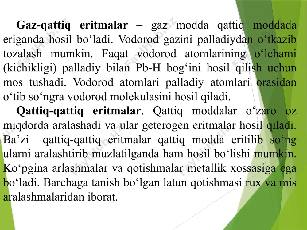 a moddaning erishi o‘z-o‘zicha borib, bunda g  o , shuning uchun jarayon o‘z-o‘zicha boradi. 20 os da 100 g erituvchida 10 g ortiq modda erisa bu modda yaxshi eriydigan hisoblanadi. xuddi shu sharoitda 0,01 – 1,0 g atrofida erisa qiyin eriydigan deyish mumkin. agar shu sharoitda 0,01 g dan kam erisa amaliy jihatdan erimaydigan hisoblanadi. umuman erimaydigan modda bo‘lmaydi. ko‘p qattiq moddalarning eruvchanligi harorat ortishi (1-rasm) bilan ortadi. 1-rasm. eruvchanlik egri chiziqlari. erish jarayoni murakkab fizik-kimyoviy jarayondir. erigan modda molekulalari bilan erituvchi molekulalarining o‘zaro ta’sirini solvatlanish deyiladi. bu ta’sirlanish mahsulotlari esa solvatlar deyiladi. agar erituvchi suv bo‘lsa, bu jarayon gidratlanish, mahsulot esa gidratlar deyiladi. erituvchi va erigan modda tabiatiga bog‘liq holda solvatlarning hosil bo‘lishi turlicha bo‘lishi mumkin. masalan: eriydigan modda ion tuzilishli (nacl), erituvchi esa qutbli tuzilishli (h2o) bo‘lsa, erish jarayonini quyidagicha tasvirlash mumkin: qattiq moddaning erish jarayonini ikkita jarayonlarning yig‘indisi deb qarash kerak. birinchisi qattiq moddaning molekulalarga yoki …