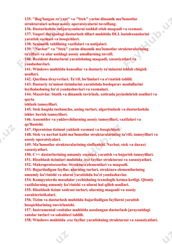 amoyillari. 116. obyektga-yo'naltirilgan dasturlashning asoslari, xususiyatlari va afzalliklari. 117. dasturlash tillari. ularning sinflanishi va sintaksisini tasvirlash usullari. 118. leksik analizatorlar va ularning asosiy vazifalari. 119. dasturlash tillari. avlodlar bo'yicha tasnifi va rivojlanish istiqbollari. 120. unix operatsion tizimining turlari, arxitekturasi va ba'zi bir xususiyatlari. 121. strukturaviy dasturlash asoslari va modulli dasturlashning elementlari. 122. dasturlashning instrumental vositalari. 123. windows arxitekturasi. yadro rejimi komponentalari tahili. 124. windows oilasiga oid operatsion tizimlar yadro komponentalari. 125. windows operatsion tizimining arxitektura xususiyatlari, uning sxemasi elementlari va komponentalari. 126. mikroprotsessorlar. ko'p yadroli mikroprotsessorlarning aritekturaviy elementlari va afzalliklari. 127. overleylarning maqsadi, sxemasi va tashkil etilishi. 128. assembler dasturlarini yaratish va qo'llash bosqichlari. 129. statik, dinamik, mahalliy va global o'zgaruvchilar. ularning tasirlanishi va ishlash sohasi. 130. konsol dasturlarini ishlab chiqish texnikasi, bosqichlari va qo'llanishi. 131. dastur ishlab chiqishda ma'lumotlarning statik va dinamik strukturalaridan foydalanishning afzalliklari va kamchiliklari. 132. kiritilgan assemblerdan foydalanishning asosiy afzalliklari. 133. c++ dasturlash muhitida dll kutubxonalarini …