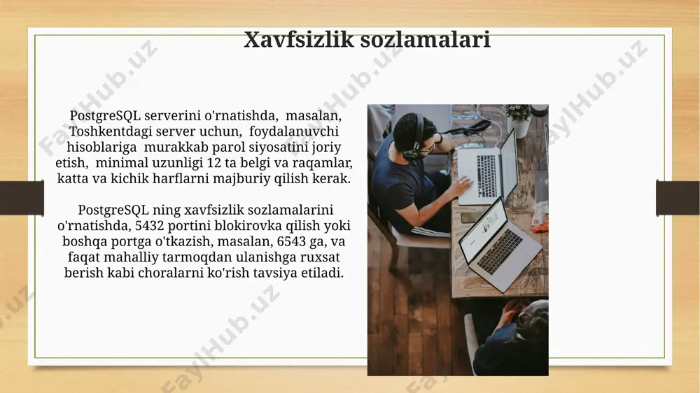 atishda, masalan, “admin” deb nomlangan foydalanuvchi uchun 1024-bitli ssh kalit juftligini yaratish va uni /home/admin/.ssh papkasiga joylashtirish kerak, bu esa xavfsizlikni ta’minlaydi. foydalanuvchi yaratishda, rol va imtiyozlarni aniq belgilash muhim. masalan, 5-raqamli portdan foydalanuvchi bazasiga kirish huquqini berish yoki ma’lum bir geografik joydagi 192.168.1.0/24 tarmoqdan ulanishga ruxsat berish mumkin. e'tiboringiz uchun rahmat @taqdimot_robot image7.jpg image8.jpg image9.jpg image10.jpg image11.jpg image12.jpg image13.jpg image14.jpg image15.jpg image16.jpg image17.jpg image18.jpg image19.jpg image20.jpg image21.jpg image22.jpg image23.jpg image3.png image4.png