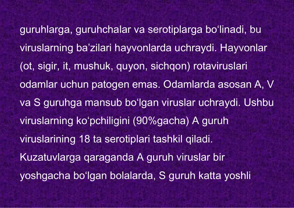 uvlar yordamida aniklanadi. virusologik tekshiruv uchun burun xalkum shilligi, axlat, kon, likvordan foydalaniladi. serologiyada rn, rtga, rg kullaniladi. kon kasallik birinchi kunlari va 2 - 3 xafta utgach antitanalar titri oshganini aniklash uchun tekshiriladi. kiyosiy tashxisoti. kasallik klinikasi turli xil bulgani uchun kup kasalliklar bilan utkaziladi. tepkida miya qobiqlari aloxida zararlanishi kam uchraydi. ko‘prok bezlar zaralanishi bilan kechadi (parotit, submaksillit, orxit, pankreatit va boshkalar). kana ensefaliti uchun endemiklik, mavsumiylik, kasallanish kana chakishi yoki xom sut ichish bilan boglanishi axamiyatga ega. sil meningitda kasallik asta - sekin boshlanadi, xolsizlik, uykuchanlik oshib boradi. iii, vii miya nervlari zararlanish, kuchli menigeal belgilar xos buladi. likvorda kuchli sitoz, oksil ortishi, kand mikdori pasayishi kuzatiladi. enterovirusli ekzantema kizamik, kizilcha, skarlatina, allergik toshmalar bilan takkoslanadi. davosi: ichak shakli o‘yuik bilan, kataral shakli o‘rvi lar bilan kiyoslanadi. gastrointestinal shakli bilan og‘riganlar kasalxonaga yotkiziladilar. birinchi 2 xaftada katiy yotok tartibi, 3 xaftadan yarim yotok tartibi tayinlanadi. kasallik og‘irligiga …