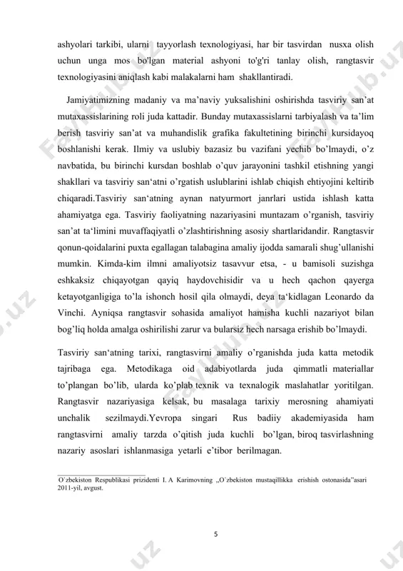 ha yondashuvlar asosida ishlab chiqilgan mеtodikasi. ”kuzgi natyurmort” mavzusini o’qitishda “bumerang” texnalogiyasini qo’llanganligi. bitiruv malakaviy ishning ahamiyati: mazkur bitiruv malakaviy ishi natijalaridan maktablarda tasviriy san’at fanlaridan saboq berishda, «rangtasvir» fanining mazmunini ishlab chiqishda o’qituvchilar, ilmiy tadqiqotchilar va tasviriy san’at va muhandislik grafikasi yo’nalishi talabalari foydalanishlari mumkin. bitiruv malakaviy ishning tuzilishi: kirish, ikkita bob, oltita band, xulosa, illiustratsiyalar, 1ta moybo’yoqli natyurmortning asl nusxasi, xulosa va foydalanilgan adabiyotlar ro’yxatidan iborat. i.bob.maktablarda tasviriy san’at mashg’ulotlarining mazmuni. 1.1. tasviriy san’atning tur va janrlari, natyurmort janri. tasviriy san’atning to´rt turi mavjud: rangtasvir, haykaltaroshlik, grafika. amaliy bezak san´ati rangtasvir deb tekis yuzada turli rang va materiallar yordamida bajariladigan tasvirga aytiladi. bu tur uchun asosiy bo’yoqlar-moyli bo’yoq, akvarel, guash, tempera, shuningdek, rangli qalamlar, ko’mir, qalam, pastel, sous, sangina kabi badiiy materiallar bilan ishlash xarakterlidir. rangtasvir asarlari qog’oz, mato, karton, devor ,oyna, yog’och, kabi tekis yuzalarda ishlanadi. rangtasvir asosini rasm tashkil etadi. har qanday rangtasvir ishida, avvalo uning …