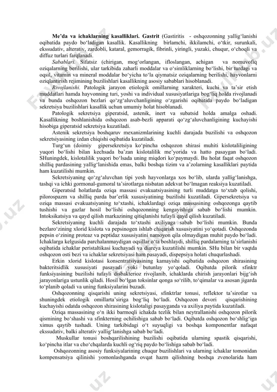 ing tiqilishi, o‘smalar o‘sishi va qizilo‘ngach kasalliklaridan farqlanadi. davolash. kasal hayvon iliq joyga olinadi va iliq suv bilan ta’minlanadi. mayin, namlangan va suyultirilgan oziqalar bilan oziqlantirish tashkil etiladi. yutinish batamom yo‘qolgan paytlarda oziqlantiruvchi klizma (qand eritmasi, har xil qaynatmalar yordamida , suv ichish qiyinlashgan paytlarda esa hayvonning vena qon tomiri orqali 0,5-1 litr (sigir va otlar uchun miqdorida 20 %-li glyukoza yoki 0,9%-li natriy xlorid yoki ringer – lokk eritmasi yuboriladi. tashqi tomondan iliq kompress, isitilgan kepak bilan to‘ldirilgan qopcha bog‘lash, elektrotermoterapiya, isituvchi lampalar qo‘llash, diatermiya, uyuch-terapiya, gorchichnik qo‘yish lozim. absess yoriladi. xalqum sohasi kuniga 3-4 martadan 0,1%li kaliy permonganat eritmasi bilan yuvib turiladi yoki 1:2 – 1:4 nisbatlardagi yod-glitserin malhami bilan ishlov beriladi. yalig‘langan halqum yuzasiga 20 ming tb penitsillin, 1 g sulfazol, 1 g streptotsid poroshogi, 0,015 g efedrin, 1 g tanin, 10 g talk, 1 g kollargol va 15 g sut shakaridan iborat talqonni sepish jarayonning ijobiy …
