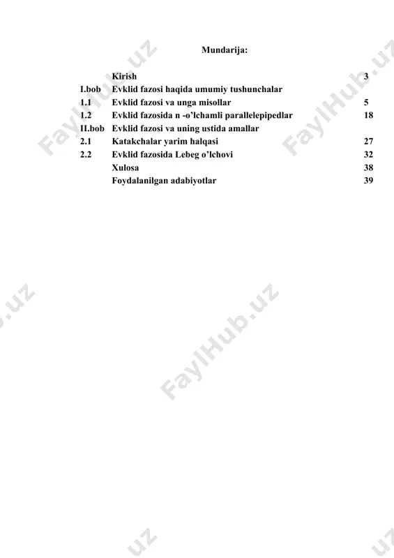 him bo’lgan adabiyotlarni to’plash va ular asosida chiziqli fazo, evklid fazosi, o’lchovli to’plamlar, n -o’lchamli parallelepipedlar, katakchalar yarim halqasi, lebeg o’lchovi va xossalri hamda tadbiqlari bilan tanishib, ular qo’llaniladigan sohalarni yanada chuqurroq o’rganishdan iborat. ushbu kurs ishi kirish qismi, to’rtta paragraf, xulosa qismi hamda foydalanilgan adabiyotlar qismidan iborat. birinchi paragrafda evklid fazosi va xossalari, skalyar ko’paytma tushunchasi, separabel evklid fazosi, ortogonal sistema hamda ortogonallashtirish jarayoni, bessel tengsizligi, yopiq ortogonal sistema, to’la evklid fazosi va riss- fisher teoremasi, evklid fazosining xarakteristik xossalari keltirilgan. ikkinchi paragrafda n -o’lchamli parallelepiped tushunchasi va ta’rifi, cheksiz qirraga ega parallelepiped tushunchasi, parallelepipedning hajmi va uni hisoblash formulasi keltirilgan. uchinchi paragrafda n -o’lchamli katakcha tushunchasi va ta’rifi, katakchani – «chapdan yopiq» va «o’ngdan ochiq» parallelepiped deb ham aytish mumkinligi, katakchaning ayrim xossalari, rn fazodagi barcha katakchalar to’plami yarim halqa bo’lishi kelib chiqishi keltirilgan. to’rtinchi paragrafda evklid fazosida lebeg o’lchovi, o’lchovli to’plam tushunchasi va ta’rifi, rn dagi har …
