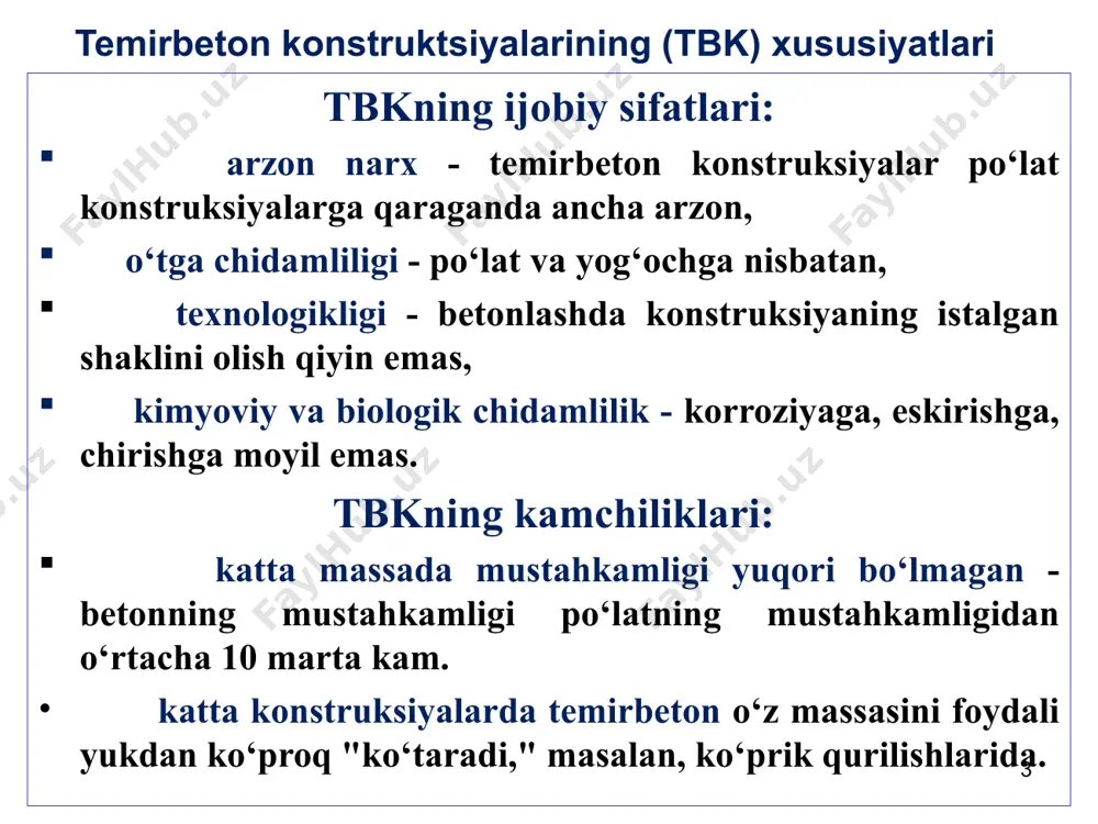 n birinchi cherkov. qurilish davri: 1913-1916 yy. arxitektor - v.i. motilev. klyasmdagi yaratuvchisi bo‘lmagan tasvirni qutqarish cherkovi binoning me’mori - a.z. grinberg. teatrning qurilish davri: 1931-1941-yillar. teatrning gumbazi monolit temirbetondan yasalgan. gumbaz loyihachisi - b.f. materi. gumbazning diametri 60 m, balandligi 35 m, qalinligi 8 sm. novosibirsk davlat opera va balet teatri binosi arxitektor - yorn ustson. yelkansimon qobiqlar yig‘ma temirbetondan tayyorlangan. teatrning qurilish davri 1959-1973-yillar. sidneydagi opera teatri binosi qobiqlarning umumiy massasi - 161 000 tonna. qobiqlarning balandligi 67 m. poydevor sifatida qoziqlar qo‘llanilgan (580 dona). qoziqlarning pastki uchlari dengiz sathidan 25 m chuqurlikda joylashgan. kanadiyen neshnel teleminorasi temirbetondan qurilgan baland inshootlardan biridir (balandligi 553,5 m). arxitektorlar: john andrews, webb zeraf, menkens husden va e. r. baldwin. qurilish davri: 1973-1975 yy. qurilish uchun 40000 m3 dan ortiq beton va 5080 tonna po‘lat sarflandi. minoraning umumiy og‘irligi 132080 tonna. kanadiyen nashenl teleminorasi arxitektorlar: ben xeygen va yasper yagers. qavatlar soni …