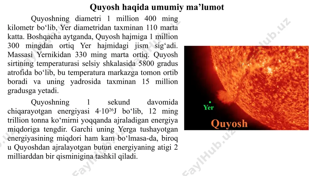 ha o‘n yil davomida havaskor astronomlar orasida quyosh dog‘larini sistemali kuzatishni yo‘lga qo‘ygan shveysariyalik olim rudolf volf, quyosh dog‘lari soni o‘zgarishining o‘rtacha davrini 11,1 yilga teng deb topdi. quyosh dog‘lari quyoshdagi eng aktiv jarayonlardan ekanligi va quyosh atmosferasi qatlamlarida uchraydigan barcha boshqa aktiv hodisalar bilan bevosita bog‘lanishda bo‘lganligi tufayli, quyosh dog‘lari sonining 11,1 yillik davri quyosh aktivligining davri sifatida qabul qilingan. quyoshning ichki tuzilishi quyoshning markazida quyosh yadrosi joylashgan. termoyadroviy reaktsiyalar sodir bo'ladigan, quyosh radiusining taxminan 150-175 ming km. ni (ya'ni, quyosh radiusining 20-25%) tashkil qilgan markaziy zona quyosh yadrosi deb ataladi. yadroning tepasida, taxminan 0,2 dan 0,7 quyosh radiusigacha bo'lgan masofada quyoshning radiatsion zonasi joylashgan. radiatsion zona tepasida konvektiv zona joylashgan uning qalinligi taxminan 200000 km ni tashkil qiladi. konvektiv zonadan keyin quyosh atmosferasi boshlanadi savol va topshiriqlar: quyosh fotosferasi deganda uning qaysi qatlamini tushunasiz? quyosh fotosferasida yaxshi kuzatish sharoitida qanday obyektlar kuzatiladi? granulatsiya (donadorlik) qanday ko‘rinishli struktura? quyosh …