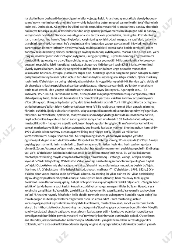 q muhokamasi davomida tushgan takliflarni umumlashtirib, davlat bayrog’idagi uchta asosiy ranglarni – moviy, oq va yashil yo’llarni o’z qo’li bilan chizib komissiyaga taqdim etganligini va bu o’zbekiston respublikasi davlat bayrog’ining qabul qilinishida asos bo’lganligini ta‘kidlash joiz. o’zbekistonning davlat ramzlari muqaddas bo’lib, ularni hurmat qilish, qonunda belgilangan tartibda e‘zozlash hamda ulardan faxrlanish mamlakatimiz har bir fuqarosining insoniy va fuqarolik burchidir. zero, davlat ramzlarini har qanday yo’l bilan kamsitish, tahqirlash, qadrqimmatini pastga urish uchun qonunda tegishlicha javobgarliklar nazarda tutilgan. davlat ramzlarining davlat hayotida tutgan o’rni va ahamiyatini to’laroq tushunib olish uchun, avvalo, ularning mohiyatini, nima uchun zarurligini bilib olish kerak. davlat ramzlari orasida davlat bayrog’i salmoqli o’rin tutadi. chunki u ko’zga yaqqol tashlanib, boshqa ramzlardan hajmi, tasviri, keng foydalanilishi va boshqa jihatlari bilan alohida ajralib turadi. davlat bayrog’i – tasviri qonun tomonidan (ko’pincha konstitutsiya bilan) o’rnatiladigan, biror davlatni boshqa davlatlardan farqlovchi rasmiy belgisi, nishoni. u davlat mustaqilligi, suvereniteti ramzi hisoblanadi. davlat bayroqlari, …