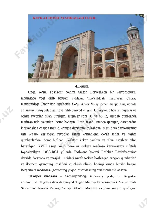vatdan iborat bo‘lgan. bosh fasad janubga qaragan, darvozadan kiraverishda chapda masjid, o‘ngda darsxona joylashgan. masjid va darsxonaning usti o‘zaro kesishgan ravoqlar ustiga o‘rnatilgan qo‘sh ichki va tashqi gumbazlardan iborat bo‘lgan. peshtoq sirkor parchin va jilva naqshlar bilan bezatilgan. xviii asrga kelib qarovsiz qolgan madrasa karvonsaroy sifatida foydalanilgan. 1830-1831 yillarda toshkent hokimi lashkar beglarbegining davrida darsxona va masjid o‘ngidagi nurab to‘kila boshlagan zangori gumbazlari va ikkinchi qavatning g‘ishtlari ko‘chirib olinib, hozirgi kunda buzilib ketgan beglarbegi madrasasi (bozorning yuqori qismida)ning qurilishida ishlatilgan. tillaqori madrasa – samarqanddagi meʼmoriy yodgorlik. registon ansamblitsa ulugʻbek davrida bunyod etilgan mirzoyi karvonsaroyi (15-a.) oʻrnida samarqand hokimi yalangtoʻshbiy bahodir madrasa va jome masjid qurdirgan (1641—46). karvonsaroy asosi ustiga madrasa (shim. sharqiy qismida), hujralar oʻrnida peshtoq gumbazli masjid (gʻarbida) joylashgan. dastlab “yalangtoʻshbiy kichik madrasasi” deb nomlangan. keyinchalik masjid bezagida boshqa bir obida qurilishiga еtadigan miqdorda oltin sarflangani uchun “tillakori” (tilladan ishlov berilgan) deb yuritila boshlagan. t.m.dan shahar jome masjvdi va …
