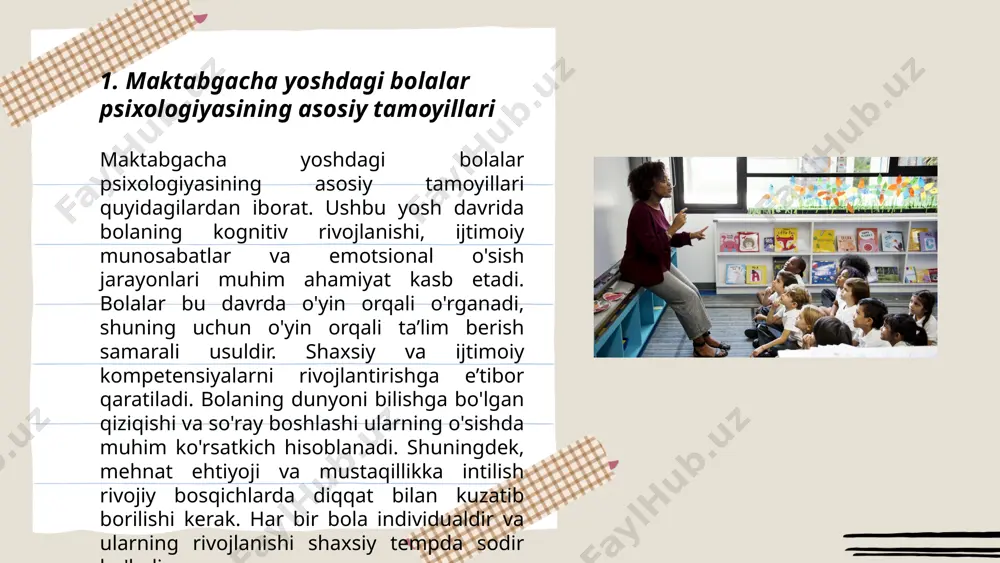 t.me/slaydai_bot bolalar o'yin va ijodkorlik orqali juda samarali o'rganadilar. 3-7 yosh oralig'idagi bolalar o'yin orqali ijtimoiy va motor ko'nikmalarini rivojlantiradilar. tadqiqotlar shuni ko'rsatadiki, kreativ o'yin jarayonida bolalar muammolarni hal qilish qobiliyatlarini 30% yaxshiroq rivojlantiradilar. o'yin orqali o'rganish 45% ko'proq xotirada qolishini ta'minlaydi. 6 yoshgacha bo'lgan bolalarning taxminan 75% i o'yin davomida turli ijtimoiy rollarni sinab ko'radi va o'z tasavvurlarini boyitadi. shu bilan birga, ijodkorlik orqali o‘rganish ularning til rivojlanishini ham 25% ga yaxshilaydi, bu esa ularning muloqot va tafakkur ko'nikmalarini mustahkamlaydi. ... t.me/slaydai_bot 7. maktabgacha yoshdagi bolalarning nutq rivojlanishi maktabgacha yoshdagi bolalarning nutq rivojlanishi bosqichlari odatda erta bolalik davrida uch yoshdan boshlanadi va olti yoshgacha davom etadi. bu davrda bolalar lug'at boyligini yiliga o'rtacha 800-1000 ta so'zga oshiradilar. ular sodda gaplardan murakkab gaplarga o'tadilar. 3 yoshda bolalar oddiy gaplar tuzsa, 4 yoshda murakkabroq gaplar tuzishadi. 5-6 yoshda esa ular so'zlarning ma'nosini yaxshi tushunib, o'z hikoyalarini ayta boshlaydilar. tadqiqotlar ko'rsatadi, bu …