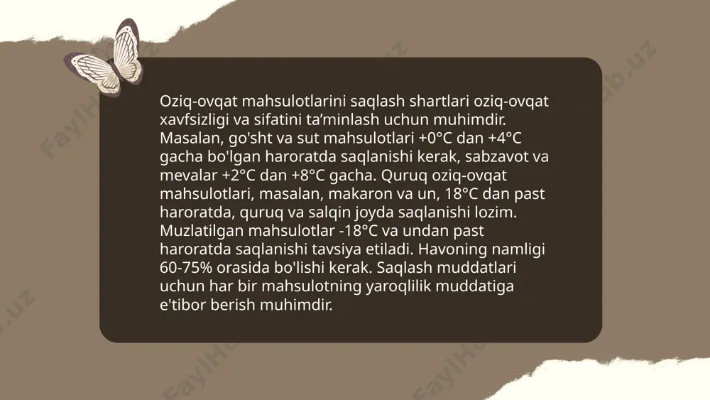 yuvayotganda sovun yoki maxsus kimyoviy vositalardan foydalanmaslik kerak. yuvish jarayonida har bir mahsulotni kamida 30 soniya davomida suvda ushlab turish zarur. ... t.me/slaydai_bot xom mahsulotlarni qayta ishlashda xavfsizlikni ta'minlash uchun bir nechta usullar mavjud. birinchidan, xomashyoni yig'ishda sifat va gigiyenaga e'tibor qaratish muhim (99% sifat nazorati va 100% gigiyena talabiga rioya qilish). ikkinchidan, saqlash jarayonida harorat va namlik darajasini nazorat qilish kerak, bu esa 10°c dan past va 60% namlikdan yuqori bo'lmasligi lozim. uchinchi usul - gigienik qadoqlash, mahsulotlarni to'g'ri saqlash va ishlab chiqarish bosqichida 100% sterilizatsiya jarayonidan o'tkazish. oxirgi bosqichda esa, xodimlarni muntazam ravishda 20 soatlik xavfsizlik treninglaridan o'tkazish va uskunalarni doimiy ravishda texnik ko'rikdan o'tkazish talab etiladi. ... t.me/slaydai_bot 13. restoran va kafelarda oziq-ovqat xavfsizligi oziq-ovqat xavfsizligi restoran va kafelarda muhim masala bo'lib, o'zbekistonda sog'liqni saqlash vazirligining sanitariya-gigiyena qoidalari va standartlari bo'yicha belgilanadi. statistikaga ko'ra, gigiyena me'yorlariga rioya qilinmagan taqdirda, oziq-ovqatdan zaharlanish holatlari yiliga 10-15% ga ortishi mumkin. …