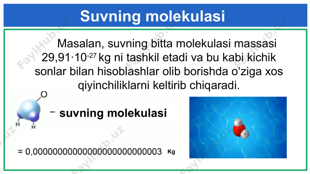 molekulalarning o‘lchami, nisbiy va absolut massasi. mol va molar massa. - Page 5