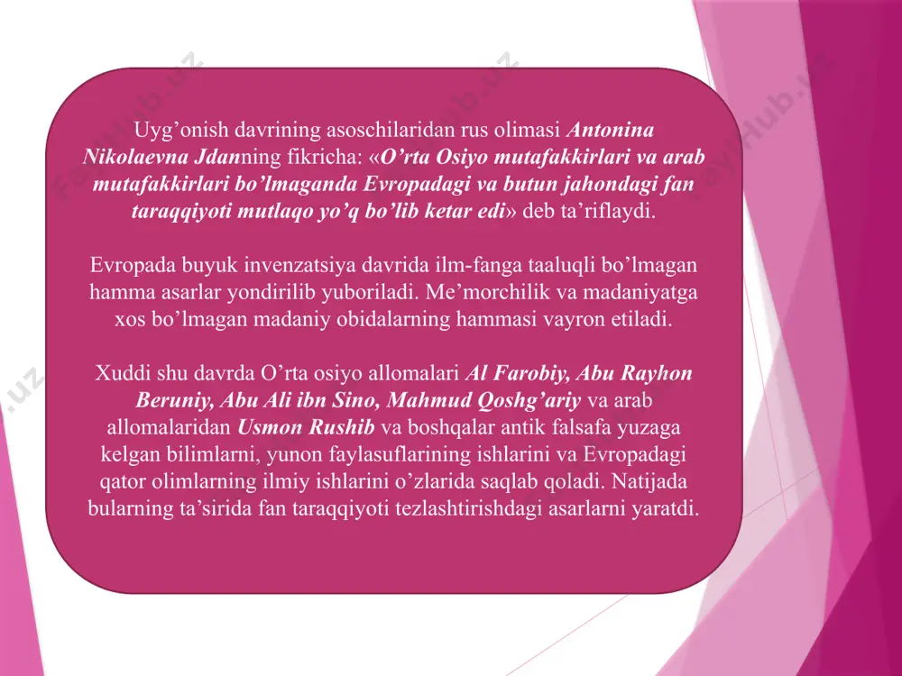 si» haqidagi ta’limotni yaratadi. nemis olimlari r.glklenius. o.kosmonlar 1590 yilda fanga «psixologiya» terminini kiritdi. r.bekon tonidan yangi g’oyalarning shakllanishi bo’ldi. xulosa: o’rta asrlarda yuzaga kelgan psixologik bilimlar, psixologlar olib borgan ilmiy ishlar natijalari uyg’onish davrining o’ziga xos ilmiy tajribalarini o’zaro psixologiyaga ta’siri, shuningdek hozirdagi bu ishlarni qay yo’sinda o’rganish yo’llari, usullarining fanga talqinini ochib berish orqali bilim ko’nikmalarini oshirish. tayanch tushunchalar: invezatsiya – sxolostika - o’rta asr feldal jamiyatidagi diniy feodalistik falsafa. nominalizm - idealistik falsafaning umumiy nomi. nazorat savollari: 1.nechanchi asrda evropada ilm fan taraqqiyoti to’xtab qolgan edi? nima uchun invenzatsiya davri boshlandi? qaysi davrda shaxs tushunchasi yoki mistik qarashlar paydo bo’ldi va asoschilari kim? akvinskiy kim va u fanga qanday ilmiy g’oyalarni olib kirdi va qanday oqim paydo bo’ldi? kichik qon aylanishi doirasi haqidagi ta’limotni kim yaratgan? nechanchi yilda va qaysi mamlakat olimlari fanga «psixologiya» terminini kiritdi? adabiyotlar: 1.m.v.yaroshevskiy «istoriya psixologii». m. izd. «nauka» 1979 y. n.jdan «psixologiya …
