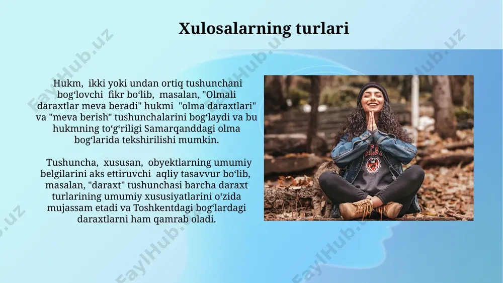 ‘rsatdiki, qishloq xo‘jaligida hosilni prognozlashda (xulosa chiqarishda) aniqlik darajasi atigi 40% ni tashkil etdi. tushunchalarni shakllantirish тажрибали ўқитувчилар 30 дан ортиқ турли услублардан фойдаланиб, ўқувчиларга янги тушунчаларни шакллантиришда (масалан, геометрик фигуралар тушунчаси) интерактив ўйинлар ва амалий ишлар орқали ёрдам беришади. психологияда тушучаларни шакллантириш жараёнини 3 босқичга бўлиш мумкин: таърифлаш, таснифлаш ва умумлаштириш. бу босқичларни ўзбек тилидаги 20 тадан ортиқ тушунчага татбиқ этиш мумкин. no-mantiqiy fikrlash no-mantiqiy fikrlash, masalan, 7 yoshgacha bo'lgan bolalarda kuzatiladigan intuitiv fikrlash shakli, ob'ektlarning 2 o'lchovli tasvirlarini 3 o'lchovli haqiqat bilan chalkashtirishi mumkin, masalan, rasmdagi kichik avtomobilni haqiqiy avtomobildan kichikroq deb hisoblashi mumkin. o'zbekistonning qishloq joylarida yashovchi ba'zi aholi qatlamlarida, 3 avlod davomida qabul qilingan an'anaviy e'tiqodlarga asoslangan no-mantiqiy fikrlash usullari, ilmiy dalillarga qaraganda, shaxsiy tajribalarga ko'proq tayanadi. fikrlash va muammo yechish fikrlash jarayonida 7 bosqichli muammo yechish modeli samarali natijalarga olib kelishi isbotlangan bo'lib, dunyoning 20 dan ortiq universitetida qo'llanilmoqda. o'zbekistonning andijon viloyatidagi ta'lim muassasalarida o'quvchilarning …