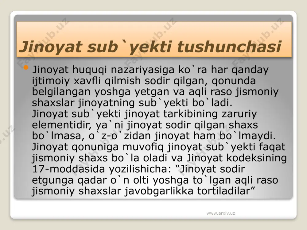etkazilgan bo`lsa, uning egasi jinoiy javobgarlikdan ozod qilinadi va bunday holda hayvon egasining fuqarolik-huquqiy javobgarligi to`g`risidagi masala qo`zg`atilishi mumkin. yuqoridagilardan xulosa qilib aytish mumkinki, jinoyat sub`yekti faqat jismoniy shaxs, ya`ni insongina bo`la oladi. www.arxiv.uz aqli rasolik, bu jinoyat sub`yektining zaruriy belgilaridan biridir. jinoyat kodeksining 18-moddasida: «jinoyat sodir etish vaqtiida o`z qilmishining ijtimoiy xavfli xususiyatini anglagan va o`z harakatlarini boshqara olgan shaxs aqli raso deb topiladi», deyiladi. shunga ko`ra “ijtimoiy xavfli qilmishni sodir etish vaqtida aqli noraso holatda bo`lgan, ya`ni surunkali ruhiy kasalligi, ruhiy holati vaqtincha bo`zilganligi, aqli zaifligi yoki boshqa tarzdagi ruhiy kasalligi sababli o`z harakatlarining ahamiyatini anglay olmagan yoki harakatlarini boshqara olmagan shaxs javobgarlikka tortilmaydi”(jinoyat kodeksining 18-moddasi 2-qismi). www.arxiv.uz www.arxiv.uz lekin bu aqli noraso shaxsga qilmishi uchun hech qanday chora ko`rilmaydi, degani emas. ijtimoiy xavfli qilmishni sodir etgan va sud tomonidan aqli noraso deb topilgan shaxsga nisbatan tibbiy yo`sindagi majburlov choralari qo`llanilishi mumkin(18-modda 3-qismi). tibbiy yo`sindagi majburlov choralari bemor …