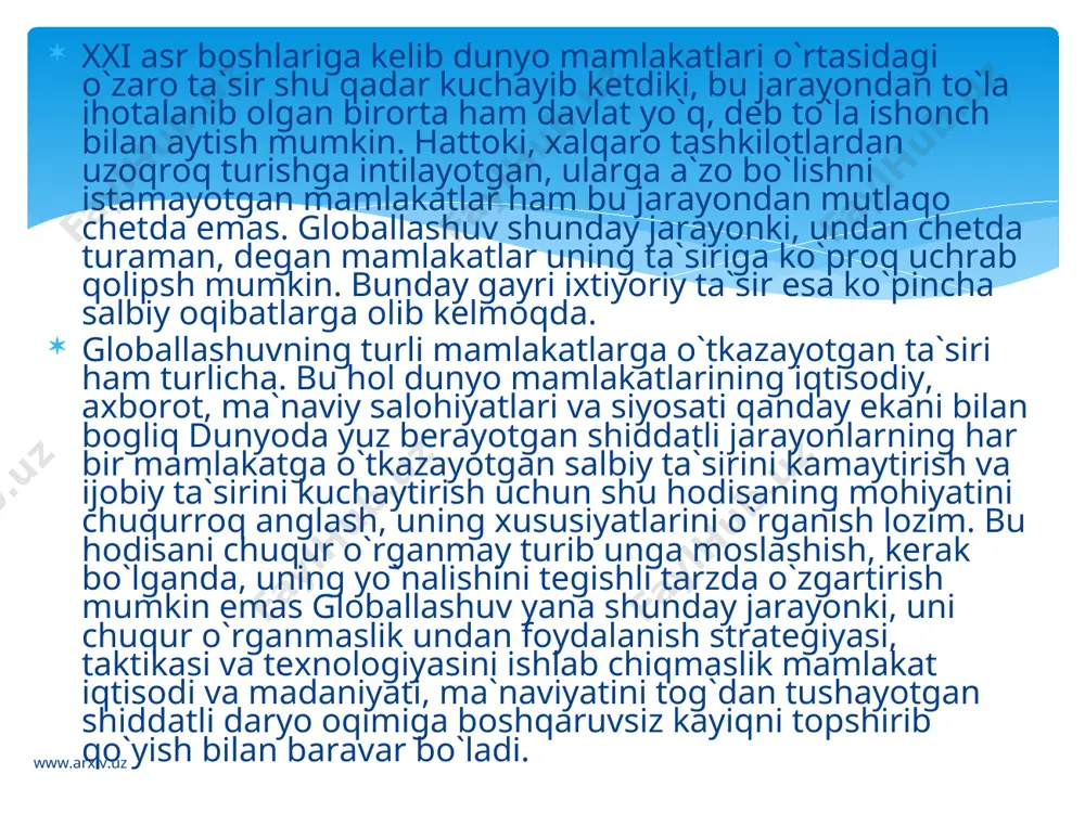 arimiz siyosatchilarimizga yetarli ko`mak berishlarini e`tirof etishga to`g`ri keladi. mamlakatimizning jahon maydonida olib borayotgan siyosati ko`proq samara va muvaffaqiyat keltirishini istasak globallashuvning mohiyati, yo`nalishlari, xusuyatlarini chuqurroq tadqiq va tahlil qilish zarur. aynan u jarayonni chuqurroq tahlil etish orqali siyosatchilarning to`g`ri yo`l tanlashi va qarorlar qabul qilishi uchun yamkoniyat yaratish mumkin. globallashuv — turli mamlakatlar iqtisodi, madaniyati ma`naviyati, odamlari o`rtasidagi o`zaro ta`sir va bog`liqlikning kuchayishidir. globallashuvga berilgan ta`riflar juda ko`p. lekin uning xususiyatlarini to`laroq qamrab olgani, bizningcha, fransuz tadqiqotchisi b.bandi bergan ta`rif. unda globallashuv ekarayonishshg uch o`lchovli ekaniga urgu beriladi: • globallashuv — muttasil davom etadigan tarixiy ja rayon; • globallashuv — jahonning gomogenlashuvi va univer sallashuvi jarayoni; • globallashuv — milliy chegaralarning "yuvilib ketish" jarayoni. www.arxiv.uz www.arxiv.uz b.bandi ta`rifida keltirilgan globallashuv o`lchovlarining har uchalasiga nisbatan ham muayyan e`tirozlar bildirish mumkin. lekin jahonda yuz berayotgan jarayonlarni kuzatsak ularning har uchovi ham unda mavjud ekanini ko`ramiz. globallashuvning mamlakatlar iqtisodiy siyosati va ma`naviyatiga …