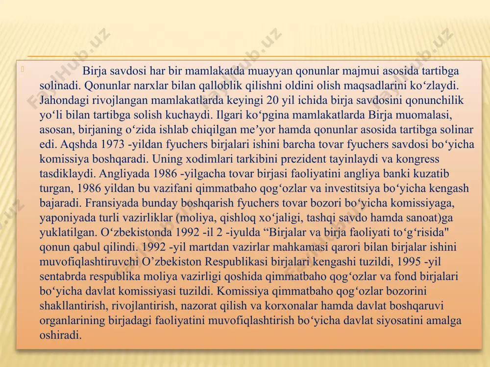 a’zolariga qimmatli qog'ozlar bilan bog'liq birja savdosi jarayonida sodir bo'ladigan o'zaro hisob-kitob operatsiyalari bo'yicha ko'rsatiladigan xizmat. fond birjasi quyidagi huquqlarga ega: - birja a’zoligiga kirish uchun zarur bo'lgan qimmatli qog'ozlar bozorining professional ishtirokchilariga qo'yilgan minimal majburiy talablami belgilash; - birja savdolarida a’zolar vakillariga qo'yilgan kvalifikasion talablami belgilash; - biija a’zolarining majlislarini chaqirish va tashkillashtirish; - ekspert, kvalifikasion, listing, nazorat, arbitraj komissiyalari, maslahat va ma’lumot byurolarini va ulaming ishlari uchun zarur bo'lgan boshqa muassasalami ta’sis etish; - o'z ustaviga muvofiq birja a’zolari to'laydigan kirish va joriy badallami belgilab, undirib olish bitimlami ro'yxatga olganlik texnik xizmat ko'rsatganlik uchun, doimiy va bir galgi mijozlardan birjada bo'lganlik uchun haq belgilab, undirib olish, shuningdek birja ustavini, birja yig'ilishlari qoidalarini buzganlik, ro'yxatdan o'tkazish yig'imini vaqtida to'lamaganlik uchun jarima va penyalar undirib olish; - birja/buketlari, ma’lumotnomalari, to'plamlarini chop etish;' - nazorat qiluvchi organlaming qonunga xilof xatti-harakatlari ustidan sud tartibida shikoyat qilishga haqlidir. fond birjasi faoliyatining moliyaviy ta’minoti: …