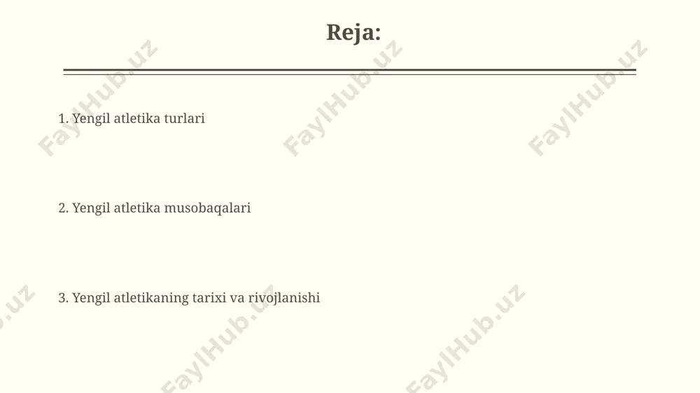 iga oladi, jumladan, ushlash, uloqtirish va boʻgʻish texnikalari. jamoaviy o'yinlar regbi kabi ba'zi jamoaviy o'yinlar, to'pni qo'l bilan o'tkazishni va raqibni mag'lub etish uchun 15 nafar o'yinchi bilan jismoniy kuch va tezkorlikni talab qiladi, bu esa ko'plab kontaktli vaziyatlarni yaratadi. jamoaviy o'yinlarda, masalan, basketbol yoki voleybolda, jamoa a'zolari orasidagi muvofiqlashtirish va strategik o'yin 5-7 kishidan iborat bo'lib, g'alaba qozonish uchun juda muhim hisoblanadi. yengil atletika yengil atletika 100 metrga yugurish, 400 metrga to'siqlar bilan yugurish va uzunlikka sakrash kabi turli xil individual musobaqalarni o'z ichiga oladi. yengil atletika musobaqalarida 7 dan ortiq turdagi yugurish, sakrash va otish turlari mavjud bo'lib, ular o'z navbatida turli masofalar va texnikalarni talab qiladi. sportning inson hayotidagi o'rni sport muntazam mashgʻulotlar stress darajasini pasaytiradi, endorfinlar ishlab chiqarishni 40% ga oshirib, ruhiy holatni yaxshilaydi. jismoniy faollik miya faoliyatini yaxshilaydi, xotira va konsentratsiya qobiliyatini oshirib, kognitiv funksiyalarni 20% gacha yaxshilaydi. atliq sport turlari eng mashhur atletika musobaqalari …
