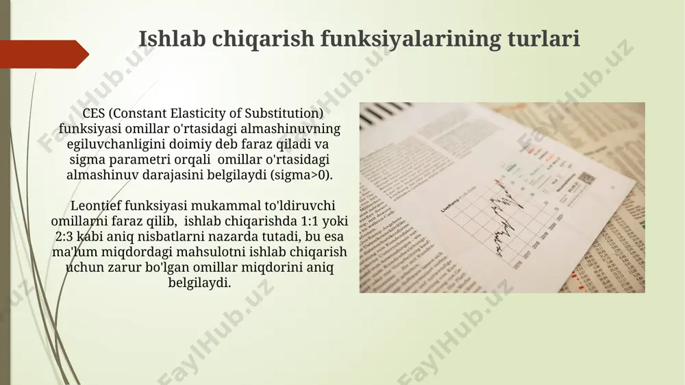 o'g'ridan-to'g'ri proportsional bo'lib, masalan, 2 dona mehnat va 3 dona kapital 6 birlik mahsulot beradi. mikroiqtisodiy ko'rsatkichlarni tadqiq qilishga kirish soha darajasidagi mikroiqtisodiy ko'rsatkichlarni, masalan, mehnat unumdorligini, o'rtacha mehnat haqini va birlikka to'g'ri keladigan xarajatlarni tahlil qilishda regressiya tahlili usullaridan foydalanib, r-kvadrat koeffitsiyenti 0.7 dan yuqori bo'lgan natijalarga erishish mumkin. mikroiqtisodiy ko'rsatkichlarni tahlil qilishda cobb-douglas funksiyasi kabi ishlab chiqarish funksiyalarini qo'llash samaradorlikni 15-20% ga oshirish imkonini beradi, bu esa resurslarni optimal taqsimlashga yordam beradi. miqyosga nisbatan samaradorlik agar ishlab chiqarish funksiyasi cobb-douglas funksiyasi bo'lsa, miqyosga nisbatan samaradorlik darajasi parametrlar yig'indisiga teng bo'ladi; masalan, agar yig'indi 1 dan katta bo'lsa, ortib boruvchi samaradorlik kuzatiladi. miqyosga nisbatan samaradorlik ko'rsatkichi (mrs) ishlab chiqarish funksiyasining shakliga bog'liq bo'lib, doimiy miqyosga nisbatan samaradorlik 1 ga, ortib boruvchi miqyosga nisbatan samaradorlik esa 1 dan katta bo'ladi. texnik taraqqiyotni tahlil qilish texnik taraqqiyotni o'lchashda cobb-douglas funksiyasidan foydalanish, ishlab chiqarishning 10% ga o'sishi texnologik taraqqiyotning 5% ga hissa …
