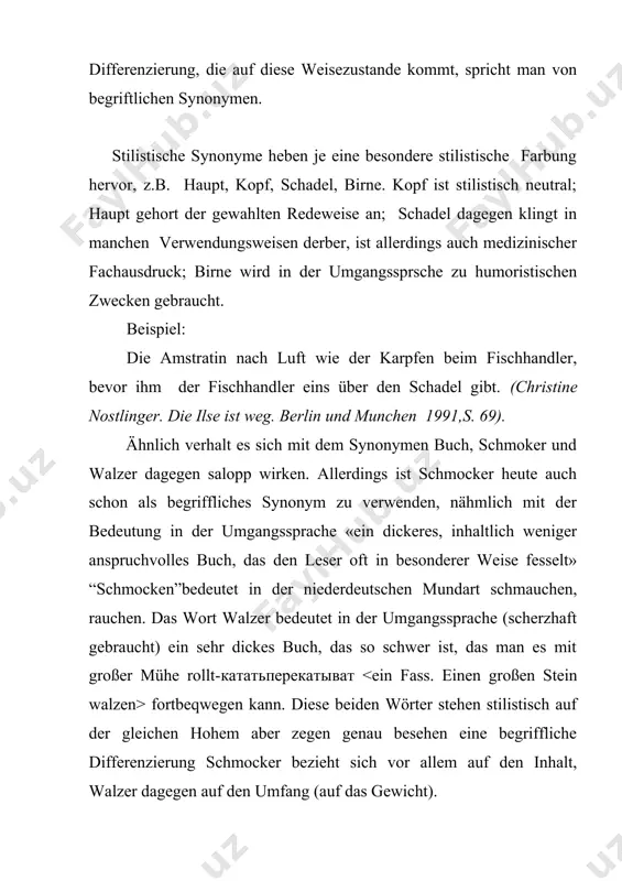 terscheidentes merkmal wirksam sind. lift ist englisch _______ die stilistisches synonym im alttaglichen sprachgebrauch heißt es fahrstuhl und auch aufzug noch ganz –noch ganz andere bedeutungsvarianten (“krankumfahrzeug” , bzw. “teilabschnit eines bühnenstückes). für die onomasiologie (bezeichnungslehre) gibt es strenggenommen keine vollstandigen synonyme, sondern jedes wort bezeichnet einen besonderen oder besonders gefarbten inhalt. die gleichen synonyme haben oft ein landschaftliches geprage, wie z.b. fegen(norddeutsch.)-kehren (suddeutsch. und md.) –чистит, подметать. schlachter(norddeutsch)-melzger (suddeutsch)-fleischer (ostdeutsch) oder stiege (suddeutsch) –treppe (nord-und mitteldeutsch). der tätigkeit nach sind fegen und kehren vollig gleich. doch hat kehren bei der mehrzahl der norddeutschen sprecher den klang des ungewöhnlichen und fremden; und umgekehrt ist das für fegen bei den süddeutschen der fall. in der regel werden also nicht beide wörter von der gleichen sprachgemeinschaft im gleichen sinne gebraucht. so ist es auch mit den wörtern schlachter, metzger und fleischer; hinzu kommt hier noch, daß diese wörter auf besondere sinne hinweisen, …