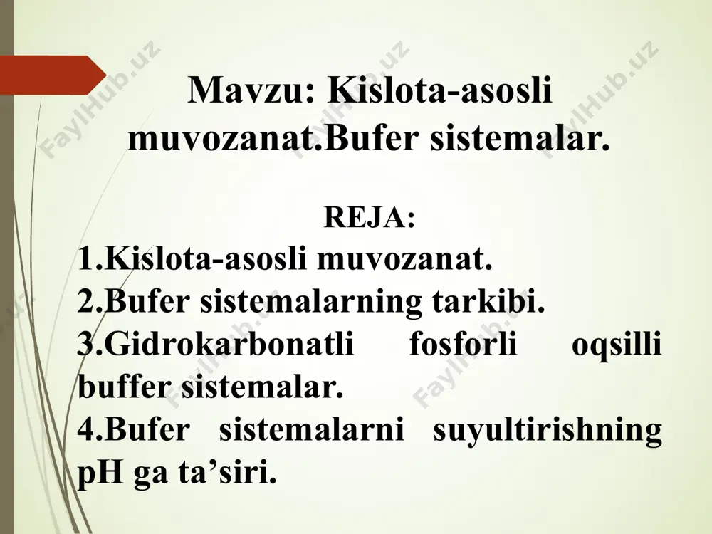 irka kislota konsentratsiyasining ortishi bilan uning dissotsilanish darajasi pasayadi, buning natijasida esa buferdagi h+ ionlarining konsentratsiyasi kam o‘zgaradi. ko’pchilik organizmlarda, shu jumladan odam organizmida bufer sistemalar biologik jarayonlar borayotgan muhitning ph ko’rsatkichini doimiy saqlanishini ta’minlaydi. shuning uchun bufer sistemalarning turlari, tuzilishi, ularning ta’sir etish mehanizmi, sig’imini aniqlash, phini hisoblash yollarini o’rganish muhim ahamiyatga egadir. bufer sistemalarning ph ko`rsatkichi bufer sistemalarning turlari: bufer sistemalar ikki turga bo’linadi: 1. kuchsiz kislota va shu kislotaning kuchli asos bilan hosil qilgan tuzining aralashmasi. masalan: ch3cooh + ch3coona - atsetatli bufer eritma 2. kuchsiz asos va shu asosning kuchli kislota bilan hosil qilgan tuzining aralashmasi. masalan: nh4oh + nh4cl - ammiakli bufer eritma ko’riladigan bufer sistemalar. ch3cooh + ch3coona - atsetatli bufer sistema nh4oh + nh4cl - ammiakli bufer sistema h2co3 + nahco3 - gidrokarbonatli bufer sistema nah2po4 + na2hpo4 - fosfatli bufer sistema ptcooh + ptcoona - oqsilli bufer sistema hhb + khb - …