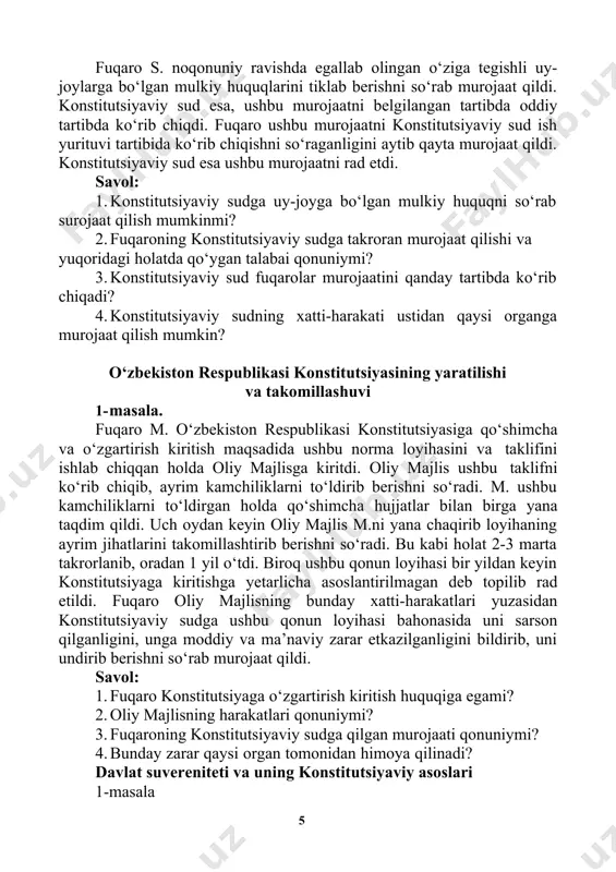 a uy-joyga bo‘lgan mulkiy huquqni so‘rab surojaat qilish mumkinmi? 2. fuqaroning konstitutsiyaviy sudga takroran murojaat qilishi va yuqoridagi holatda qo‘ygan talabai qonuniymi? 3. konstitutsiyaviy sud fuqarolar murojaatini qanday tartibda ko‘rib chiqadi? 4. konstitutsiyaviy sudning xatti-harakati ustidan qaysi organga murojaat qilish mumkin? o‘zbekiston respublikasi konstitutsiyasining yaratilishi va takomillashuvi 1- masala. fuqaro m. o‘zbekiston respublikasi konstitutsiyasiga qo‘shimcha va o‘zgartirish kiritish maqsadida ushbu norma loyihasini va taklifini ishlab chiqqan holda oliy majlisga kiritdi. oliy majlis ushbu taklifni ko‘rib chiqib, ayrim kamchiliklarni to‘ldirib berishni so‘radi. m. ushbu kamchiliklarni to‘ldirgan holda qo‘shimcha hujjatlar bilan birga yana taqdim qildi. uch oydan keyin oliy majlis m.ni yana chaqirib loyihaning ayrim jihatlarini takomillashtirib berishni so‘radi. bu kabi holat 2-3 marta takrorlanib, oradan 1 yil o‘tdi. biroq ushbu qonun loyihasi bir yildan keyin konstitutsiyaga kiritishga yetarlicha asoslantirilmagan deb topilib rad etildi. fuqaro oliy majlisning bunday xatti-harakatlari yuzasidan konstitutsiyaviy sudga ushbu qonun loyihasi bahonasida uni sarson qilganligini, unga moddiy va …