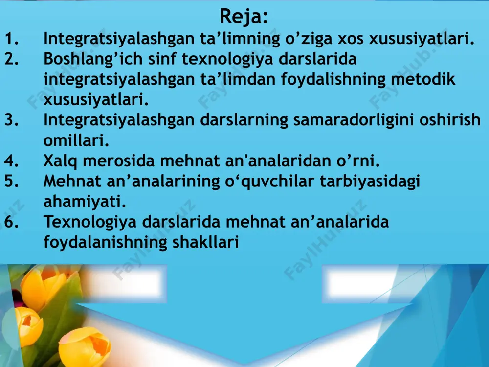 ifalarning bog‘liqlik holatini bildiruvchi tushuncha va shu holatga olib boruvchi jarayon. ikkinchidan, tabaqalashtirish jarayonlari bilan birga amalga oshirilayotgan fanlarni yaqinlashtirish jarayoni. «integratsiya» tushunchasi ta'lim jarayoniga tatbiq etilganda ikkita ma'noni anglatadi: birinchidan, bu maktab o‘quvchilarida bizni o‘rab turgan atrof-olamni bir butunlikda deb qabul qilinishiga erishish (bunda integratsiya ta'lim maqsadi sifatida maydonga chiqadi); ikkinchidan, fanga doir bilimlarni umumiy jihatlarini yaqinlashtirish (bunda integratsiyaga ta'lim vositasi sifatida qaraladi). integrativ ta'limda - fanlararo bilimlarni (integrativ bilimlarni) chuqurlashtirish va oshirish, ularni shakllantirish o‘rganiladi. ta'limdagi integratsiyani quyidagicha ifodalashni lozim topdik: 1. butun borliq haqida yaxlit tassavvur hosil qilish (bu yerda integratsiya ta'lim maqsadi sifatida qaraladi); 2. turli fan bilimlarini yaqinlashtirish uchun umumiy platforma topish (bunda integratsiya vosita sifatida ishlatiladi). 3. rivojlantiruvchi ta'lim berish vositasi sifatida. 4. umuminsoniy, milliy tarbiya vositasi sifatida. ikki o‘quv fani o‘rtasidagi aloqalarni o‘rnatishda va ularning integratsiyasida vaqti-vaqti bilan u yoki bu fan tayanch bo‘lib xizmat qiladi. turli o‘quv fanlardagi mavzularning uzviy bog‘liqligi va …
