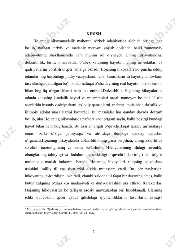 ilidagi ravonlik, ohanglarning tabiiyligi va ifodalarining soddaligi o‘quvchi bilan to‘g‘ridan-to‘g‘ri muloqot o‘rnatish imkonini beradi. hojaning hikoyalari xalqning so‘zlashuv uslubini, milliy til xususiyatlarini o‘zida mujassam etadi. bu, o‘z navbatida, hikoyaning dolzarbligini oshiradi, chunki xalqona til faqat bir davrning emas, balki butun xalqning o‘ziga xos madaniyati va dunyoqarashini aks ettiradi.xarakterlar, hojaning hikoyalarida ko‘tarilgan asosiy mavzulardan biri hisoblanadi. ularning ichki dunyosini, qaror qabul qilishdagi qiyinchiliklarini tasvirlash, ayniqsa dolzarblikni yuzaga chiqaradi. hojaning xarakterlari o‘zlarining oddiyligi, tabiiyligi va haqiqatga yaqinligi bilan ajralib turadi. bu xarakterlar o‘quvchiga o‘zini tanish va hayotdan o‘rin olgan qahramon sifatida ko‘rsatadi. ular faqat o‘zlarining shaxsiy muammolarini hal qilishga intilibgina qolmay, balki ular o‘z jamiyatlarida yuzaga kelgan katta muammolarni, ijtimoiy adolatni, mehnatni, mas’uliyatni va boshqa masalalarni ko‘tarib chiqadilar. bunday xususiyatlar hikoyalarning dolzarbligini ta’minlaydi, chunki ular nafaqat o‘sha davr, balki zamonaviy jamiyat uchun ham muhim bo‘lgan masalalarni ko‘taradi.hojaning hikoyalaridagi dolzarblilik, shuningdek, uning tarixiy konteksti va an’anaviy qadriyatlar bilan bog‘liq. hojaning asarlari xalqning qadriyatlari, …