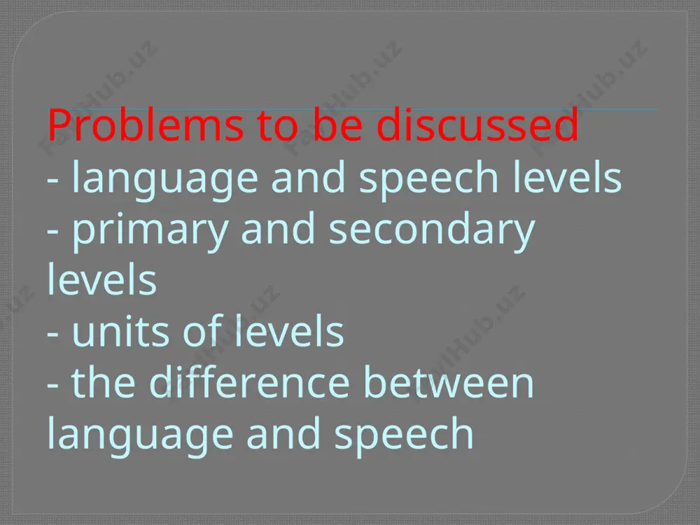 ete, changeable and actually endless. this means that language units (phonemes) are represented in speech differently which depends on the person that pronounces them and on the combinability of the phoneme. “idiolect" individual dialect compare: low and battle “light” and “dark” version allophone is a variant of a phoneme. 2. morphological level: one term for both language and speech but the units have different terms: morpheme for language & morph for speech. the morphs that have different forms, but identical (similar) meanings are united into one morpheme and called "allomorphs". the morpheme of the past tense has at least three allomorphs, they are. /t/, /d/, /id/ - examples: worked, phoned and wanted. the variant of the morpheme depends on the preceding sound in the word. 3. lexicological level: (words) word may be a common term for language and speech units. some linguists offer specific terms for language and speech: "lexeme" …