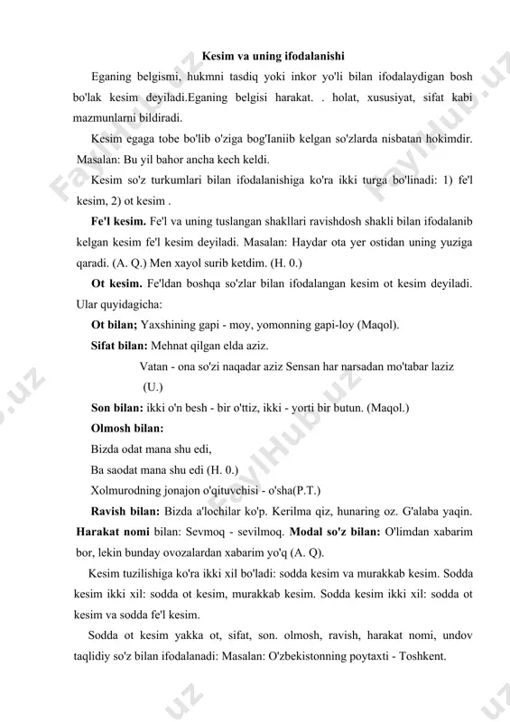 i. (p. q.) ahmad kitobini o'qib tugatdi. ot yoki bog'lama hamda to'liqsiz fe'l ko'rinishidagi qo'shilma bilan ifodalanadigan kesim murakkab ot kesim deyiladi. masalan: o'ktam o:n ikki yashar bola edi. (o.) odam qo'li cho'lni bo'ston qiladi. ayrim hollarda yozuvda kesim bilan ega orasida tire ishlatiladi. 1) kesim ot, olmosh, son bilan ifodalanib kesimlik qo'shimchasini olmaganda. bu yeming xo'jayini - biz. ikki karra ikki - to'rt. 2. gapning egasi yoki kesimi harakat nomi bilan ifodalanib,kesimlik qo'shimchasini olmasa: bir ko'rgan bilish - ikki ko'rgantanish. (maqol.) 3. ega ko'rsatishi bilan ifodalanib, kesim tarkibida kesimlikqo'shimchasi bo'lmasa: bular - mening do'stlarim, och-yalang'ochkafangadolar(o.) bu uy -kimniki? kesimning ega bilan moslashuvi kesim egaga tobe bo'lak bo'lgani uchun ko'p hollarda shaxs va sonda moslashadi. masalan: biz huquqiy demokratik jamiyat qurmoqdamiz. u anchagacha jim o'tirdi . birinchi gapda kesim egaga tobe muvofiq 1 shaxs birlikda, ikkinchisida esa iii shaxs birlikda ishlatilgan. ammo o'zbek tilida kesimning ega bilan son jihatidan mos …