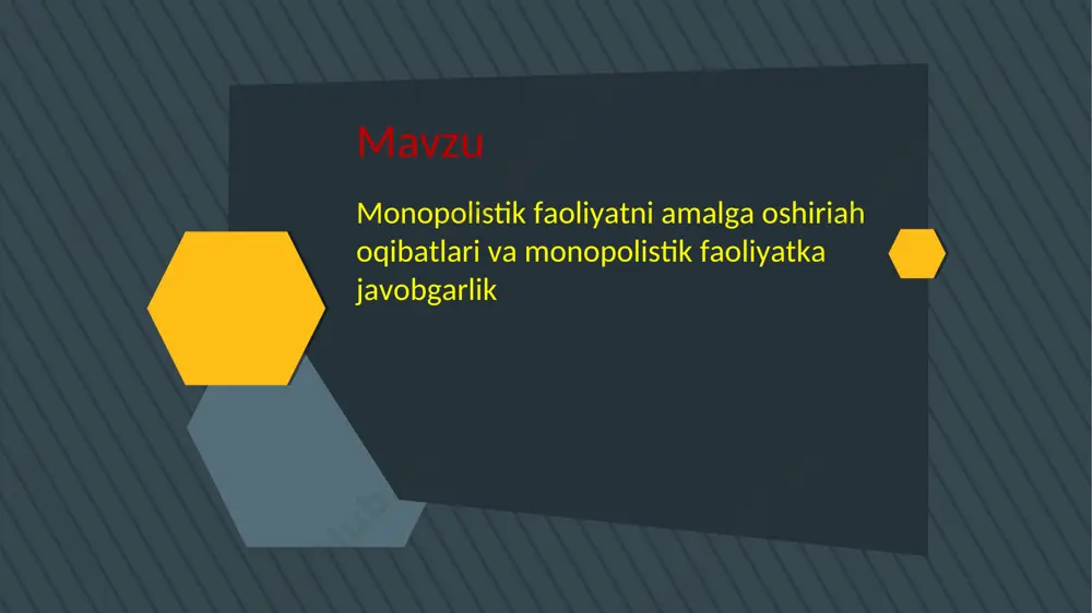 lik turiga qarab belgilanadi. tovar bozorlarida taqiq boshqa xo'jalik yurituvchi subyektlar yoki jismoniy shaxslarning manfaatlarining oldini olish, cheklash, yo'q qilish va (yoki) manfaatlariga zarar etkazadigan yoki olib kelishi mumkin bo'lgan xo'jalik yurituvchi sub'ektlarning (shaxslar guruhlarining) harakatlariga (harakatsizligiga) taalluqlidir. add your title here add title add title add title add title add title add title 1-modda. qonunning maqsadi ushbu qonun tovar bozorlarida monopolistik faoliyat va insofsiz raqobatning oldini olish, uni cheklash, to‘xtatishning tashkiliy va huquqiy asoslarini belgilab beradi, raqobat munosabatlarining shakllanishi va samarali amal qilishi uchun sharoitlar ta’minlashga qaratilgan. monopoliyalarning mohiyatini ochib berishda uning tur- larini ko'rib chiqish muhim ahamiyat kasb etadi. monopoliyalarning turlarini bir necha mezonlarga ko'ra ajratish mumkin: bozorni qamrab olish darajasiga ko'ra:sof monopoliya, oligopoliya monopsoniya. sofmonopoliya — tarmoqdagi yagona ishlab chiqaruvchi yoki sotuvchining narx va ishlab chiqarish hajmini belgilashdagi yakkahukmronlik holati hisoblanadi. o'zbekistonda sof monopoliyalar sifatida «o'zbekiston havo yo'llari» dak, «0'zbekiston temir vo'llari» dak, toshkent aviatsiya ishlab chiqarish …