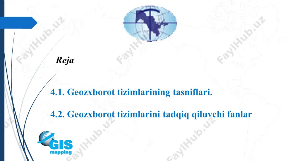 uayyan muammoni hal qilishga yo'naltirilgan; ma'lumot va so’rovnoma - uy va axborot-ma'lumotdan foydalanish tizimlari. 2. ma’lumotlar arxitekturasi tuzilishiga ko’ra: − yopiq tizimlar; − ochiq tizimlar. 3. hududiy (fazoviy) qamrov bo'yicha: - global yoki sayyoraviy gis (sayyora darajasidagi muammolarni tahlil qilish, hal qilish va prognoz qilish uchun mo'ljallangan tizimlar); - umummilliy (bitta davlat, millat muammolarini hal qilishga qaratilgan); - davlat (chegara va davlatlararo muammolarni hal qilish); - mintaqaviy (alohida mintaqalar, mintaqalar, davlatlarning muammolarini hal qilish); - mahalliy (kichik shaharlar, qishloqlar, posyolkalar va boshqalarning muammolarini hal qilish). 4. muammo yo'nalishi bo'yicha: - atrof-muhit va tabiatni boshqarish; - tarmoq (suv resurslari, o'rmon xo'jaligi, geologik, turizm va boshqalar); - muhandislik (inshootlarni loyihalash); - mulk (kadastr ma'lumotlarini qayta ishlash uchun); - inventarizatsiya; - tematik va statistik xaritalash uchun. 5. mavzu bo'yicha: - ijtimoiy-iqtisodiy; - kadastr; - inventarizatsiya; - sayyoh. 6. fazoviy ma'lumotlarni tashkil qilish yo'li bilan: − vektor (ob'ektlar koordinatali qiymatlar bilan tavsiflanadi); - rastr …