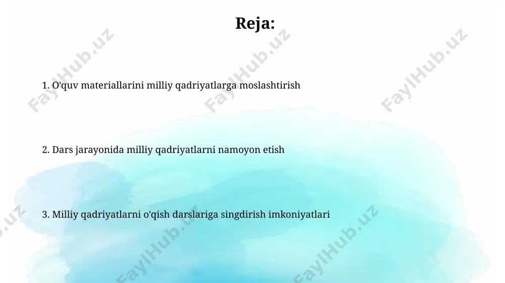 arslarida 20% dan ortiq vaqtni turli madaniyat va din vakillarining o'zaro hamjihatlik va hurmatga asoslangan munosabatlarini tasvirlaydigan asarlarni tahlil qilishga bag'ishlash kerak. o'quv materiallarida kamida 3 ta turli millat vakillarining hayotiy voqealari va muvaffaqiyatlarini aks ettirish orqali tolerantlik va bag'rikenglikka oid 15 ta hikoya o'qish mumkin. mustaqillik g'oyasini targ'ib qilish o'quv dasturlariga mustaqillik davrida erishilgan yutuqlar, masalan, 5 ta muhim sohada erishilgan taraqqiyot haqida ma'lumotlarni qo'shish orqali, yoshlarda milliy g'urur va kelajakka ishonch hissini kuchaytirish mumkin. mustaqillik g'oyasini targ'ib qilishda, 1991-yildan keyingi adabiyot namunalarini tahlil qilish orqali, yurtimizning ozodligi va mustaqilligi uchun kurashgan qahramonlar haqidagi hikoyalarni o'rganish orqali yoshlarning vatanparvarlik tuyg'ularini 30% ga oshirish mumkin. vatanparvarlik tuyg'usini tarbiyalash vatanparvarlik tuyg'usini tarbiyalashda, 5-7 yoshdagi bolalarga ona yurt haqidagi she'rlarni yodlash orqali milliy g'urur hissiyotini rivojlantirish samarali usul hisoblanadi. tarixiy shaxslar haqidagi hikoyalarni o'qish orqali, 10-12 yoshli o'quvchilarning vatanga sadoqat tuyg'usi va milliy qadriyatlarga hurmatini oshirish mumkin. o'zbek adabiyoti asarlari orqali milliy …