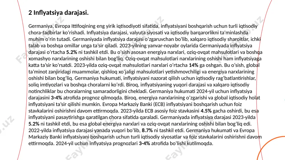 iya fond bozori iqtisodiy o‘sish, investitsiya oqimlari va kompaniyalar faoliyatiga katta ta’sir ko‘rsatadi. 2023-yilga kelib, frankfurt fond birjasi germaniyaning asosiy fond bozori bo'lib, uning umumiy bozor kapitalizatsiyasi 2.5 trillion evroga yaqin edi. bu o‘zgarishlar germaniyaning iqtisodiy rivojlanishi va kompaniyalar daromadlarining oshishi bilan bog‘liq. dax 30 indeksi, germaniyaning eng yirik va eng faol savdo qilinadigan 30 ta kompaniyasining aksiyalarini o‘z ichiga oladi. 2023-yilda dax 30 indeksi o‘rtacha +8% ga o‘sdi. bu o‘sish asosan sanoat va texnologiya kompaniyalarining yuqori daromadlari va bozor ehtiyojlarining o‘sishi bilan bog'liq edi. 2023-yil oxiriga kelib, germaniya fond bozorida savdolar hajmi 3 trillion evroni tashkil etdi. bu o‘sish, fond bozoriga kirib kelgan yangi investorlarga va shuningdek, iqtisodiy barqarorlikning oshishiga asoslangan. germaniya aksiyalar bozorida eng ko‘p savdo qilingan kompaniyalar orasida volkswagen, siemens, basf, bmw va deutsche bank kabi yirik korporatsiyalar mavjud. bu kompaniyalar yuqori daromadlar va barqaror iqtisodiy o‘sish bilan investorlar e’tiborini tortmoqda. 4 fond bozori. ... t.me/slaydai_bot yalpi …