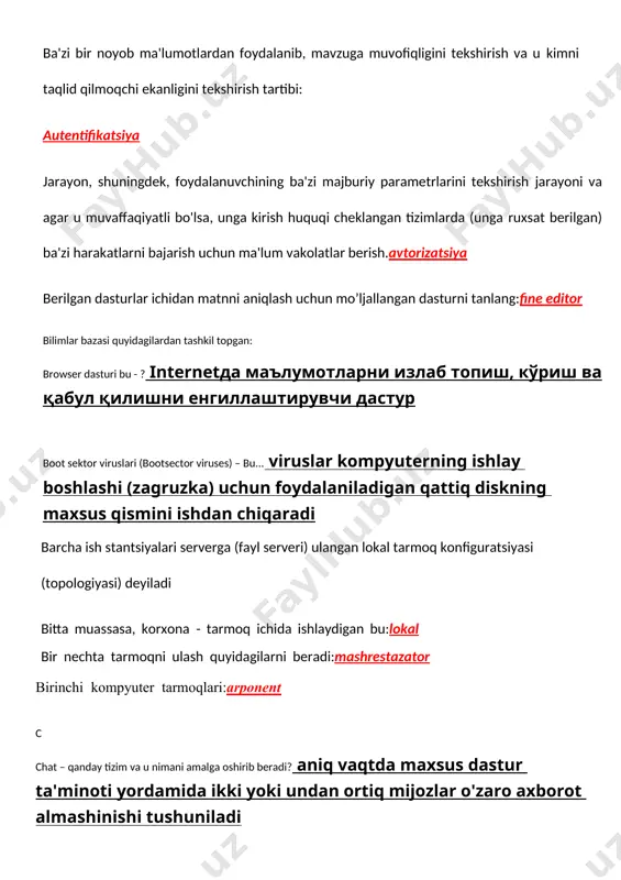kiy dunyoning kompyuter yordamida yaratilgan va boshkariladigan soxa modeli nima deb ataladi 3d diskreyd belgilarning qaysi biri aylanmoqda? mushuk ba'zi bir noyob ma'lumotlardan foydalanib, mavzuga muvofiqligini tekshirish va u kimni taqlid qilmoqchi ekanligini tekshirish tartibi: autentifikatsiya jarayon, shuningdek, foydalanuvchining ba'zi majburiy parametrlarini tekshirish jarayoni va agar u muvaffaqiyatli bo'lsa, unga kirish huquqi cheklangan tizimlarda (unga ruxsat berilgan) ba'zi harakatlarni bajarish uchun ma'lum vakolatlar berish.avtorizatsiya berilgan dasturlar ichidan matnni aniqlash uchun mo’ljallangan dasturni tanlang:fine editor bilimlar bazasi quyidagilardan tashkil topgan: browser dasturi bu - ? internetда маълумотларни излаб топиш, кўриш ва қабул қилишни енгиллаштирувчи дастур boot sektor viruslari (bootsector viruses) – bu... viruslar kompyuterning ishlay boshlashi (zagruzka) uchun foydalaniladigan qattiq diskning maxsus qismini ishdan chiqaradi barcha ish stantsiyalari serverga (fayl serveri) ulangan lokal tarmoq konfiguratsiyasi (topologiyasi) deyiladi bitta muassasa, korxona - tarmoq ichida ishlaydigan bu:lokal bir nechta tarmoqni ulash quyidagilarni beradi:mashrestazator birinchi kompyuter tarmoqlari:arponent c chat – qanday tizim va u …