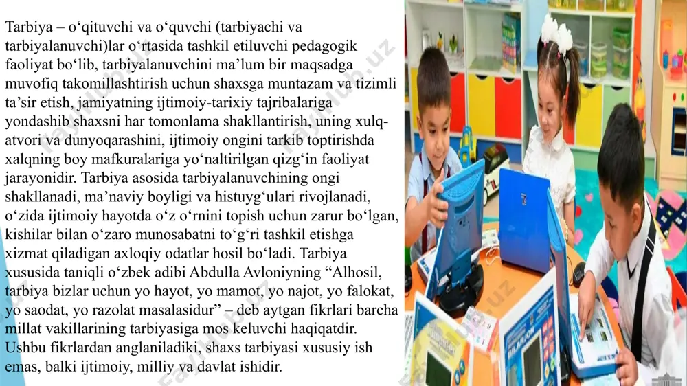 oq vaqt ochiq havoda bo‘lishlari ularning sog‘ligiga va jismoniy taraqqiyotiga har tomonlama ijobiy ta’sir ko‘rsatadi. bolaning ochiq havoda bo‘lishi natijasida qon kislorodga to‘yadi, temperaturaning o‘zgarib turishi, havoning namligi, shamol ta’siri termoregulyatsion apparatni mashq 145 qildiradi organizmni chiniqtiradi. bolaning faolligi oshadi, harakatlari, jismoniy sifatlari takomillashadi. nazorat uchun savol va topshiriqlar jismoniy tarbiyaning mazmuni. jismoniy tarbiyadagi asosiy tushunchalarning «jismoniy tarbiya»,«jismoniy barkamollik»,«badantarbiya»,«jismoniyrivojlanish» mazmunini ochib bering. ilk yoshdagi bolalar jismoniy tarbiyasining vazifalari. 3yoshdan 7yoshgachabo‘lgan bolalarning jismoniy tarbiya- lashning mazmunini ochib bering. rejim (kun tartibini) tashkil etish. turli yosh guruhlarida bolalarning ovqatlanishini tashkil etish. ilk yoshdagi bolalarda madaniy-gigiyenik ko‘nikmalarni tarbiya- lash. 3yoshdan 7yoshgacha bo‘lgan bolalarda madaniy-gigiyenik ko‘nikma1arni tarbiyalash. jismoniy tarbiya vositalari. chiniqtirishning mohiyati va uni o‘tkazish metodikasi. image1.png image2.jpeg image3.png image4.png image5.jpeg image6.jpeg image7.jpeg image8.jpeg /docprops/thumbnail.jpeg