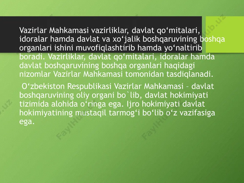 ‘rnatildi, bu esa vazirlar mahkamasi faoliyati ustidan jamoatchilik nazoratini kuchaytirishni nazarda tutdi. bosh vazirga nisbatan ishonchsizlik votumi bildirish tartibi o‘rnatildi. shuningdek vazirlar mahkamasining mustaqilligi kengaytirildi. shuningdek, o‘zbekiston respublikasi prezidenti vazirlar mahkamasining vakolatiga kiruvchi har qanday masalalar yuzasidan qaror qabul qilishi mumkin degan qoida chiqarib tashlandi. vazirlar mahkamasini shakllantirish tartibi o‘zbekiston respublikasining birinchi prezidenti i.a.karimov tomonidan ilgari surilgan “mamlakatimizda demokratik islohotlarning yanada chuqurlashtirish va fuqarolik jamiyatini rivojlantirish konsepsiyasi”da vazirlar mahkamasini shakllantirishni, bosh vazirni lavozimga tayinlashni yanada demokratik, jahon davlatchilik tajribalariga mos tartibini o‘rnatish zarurligi haqida g‘oyani ilgari surdi va bu borada konstitutsiyaga kiritish zarur bo‘lgan o‘zgartirish, qo‘shimchalarni belgilab berdi. konsepsiya ko‘rsatmalari asosida konstitutsiyaga o‘zgartirishlar kiritildi. o‘zbekiston respublikasi bosh vaziri va o‘zbekiston respublikasi oliy majlisining qonunchilik palatasi o‘rtasida ziddiyatlar doimiy tus olgan holda qonunchilik palatasi deputatlari umumiy sonining kamida uchdan bir qismi tomonidan o‘zbekiston respublikasi prezidenti nomiga rasman kiritilgan taklif bo‘yicha o‘zbekiston respublikasi oliy majlisi palatalarining qo‘shma majlisi muhokamasiga bosh vaziriga nisbatan …