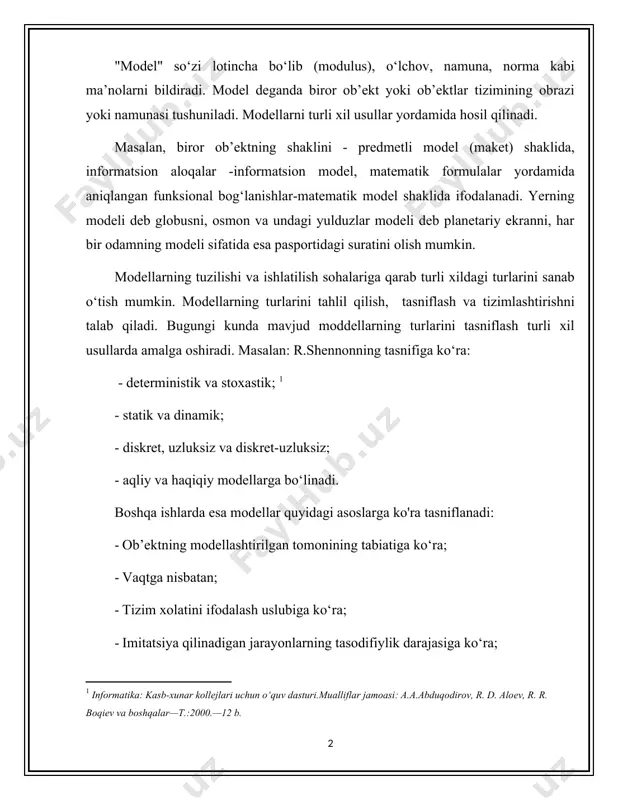 quti" ga o‘xshash. bunday "qora quti" ning ishlashini chiqish signallarini bog'laydigan matematik tenglama, grafik yoki jadval bilan tasvirlash mumkin bo‘lgan (reaktsiyalar) kirish (stimuli) qurilmalardir. ularning tuzilishi va ishlash tamoyillar, xatti-harakatlari o'rganilayotgan ob'ekt bilan hech qanday aloqasi yo'q, lekin shunga o'xshash tarzda ishlaydi. masalan, kompyuterdagi shashka o'yinini taqdim qiluvchi dastur[footnoteref:2] [2: u. yuldashеv,r. r. boqiеv, m. e. mamarajabov. excel 97: o‘quv qo‘llanma.—t., 2000.—40 b. ] 2. tarkibiy modellar- bularning tuzilishi modellashtirishning tuzilishiga mos keladigan modellardir. bunga misollar sifatida buyruq postlari mashg'ulotlari, o'z-o'zini boshqarish kunlik sxemalari, elektron sxemalar va boshqalar. 3. axborotli modellar- maxsus tanlangan qiymatlar va ularning o'ziga xos qiymatlari, o'rganilayotgan ob'ektni tavsiflovchi xarakteristkalari, og'zaki ajratish jadval, grafik va matematik axborot modellaridir. masalan, talabaning ma'lumot modeli imtihonlar, testlar va laboratoriya ishlari uchun baholardan iborat bo'lishi mumkin. yoki ba'zi bir ishlab chiqarishning axborot modeli bu ishlab chiqarish ehtiyojlarini, uning eng muhim xususiyatlarini va ishlab chiqarilgan tovarlarning parametrlarini tavsiflovchi axborotlar to'plamidir. vaqt taqsimotiga …