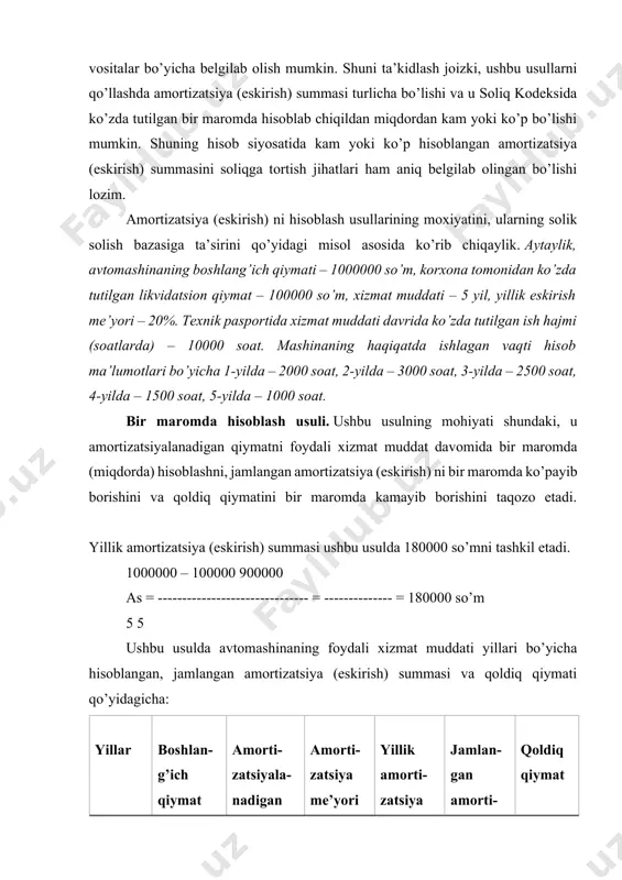 adigan amortizatsiya (eskirish) summasi topib olinadi. bizning misolimizda u 90 so’mga teng (900000 : 10000 = 90). avtomobilning xizmat muddati yillarida haqiqatda bajargan ish hajmiga proporsionlal hisoblanadigan, jamlangan amortizatsiya (eskirish) summasi, shuningdek qoldiq qiymat qo’yidagicha bo’ladi: yil-lar boshlan-g’ich qiymat amorti-zatsiyala-nadigan qiymat ish hajmi, soat amorti-zatsiya me’yori, so’m yillik amorti-zatsiya jamlan-gan amorti-zatsiya qoldiq qiymat 1 1000000 900000 2000 90 180000 180000 820000 2 1000000 900000 3000 90 270000 450000 550000 3 1000000 900000 2500 90 225000 675000 325000 4 1000000 900000 1500 90 135000 810000 190000 5 1000000 900000 1000 90 90000 900000 100000 ushbu usulda ko’rinib turibdiki, yillik hisoblangan amortizatsiya (eskirish) summasi haqiqiy bajarilgan ish hajmiga qarab turlicha bo’lgan. 1-yilda hisoblangan amortizatsiya (eskirish) summasi soliq kodeksida belgilangan me’yorga mos keladi va u soliq solish bazasiga qayta kirmaydi. 2-yilda me’yordagidan 90000 so’m (270000-180000) ortiqcha amortizatsiya (eskirish) hisoblangan. ushbu summa ikkinchi yil soliq hisob-kitoblarida foyda solig’ini hisoblash bazasiga qayta qo’shiladi.3-yilda me’yordagidan 45000 …